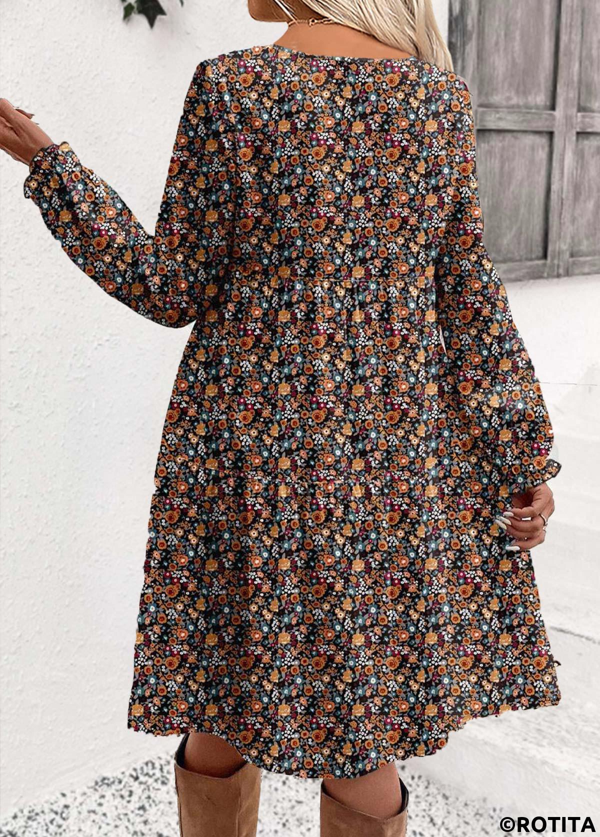 Multi Color dresses,Ditsy Floral dresses,Casual dresses,ROTITA Ditsy Floral Print Multi Color Short Round Neck Dress