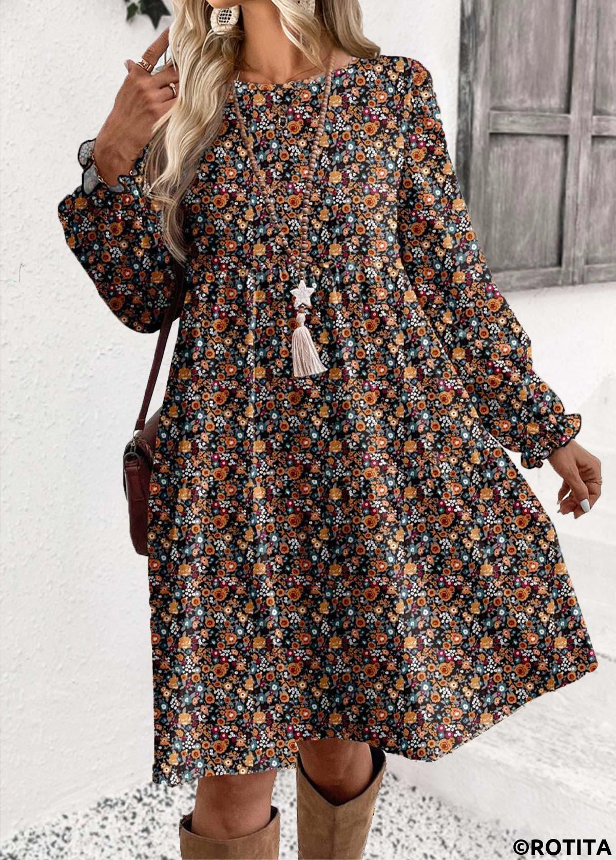 Multi Color dresses,Ditsy Floral dresses,Casual dresses,ROTITA Ditsy Floral Print Multi Color Short Round Neck Dress