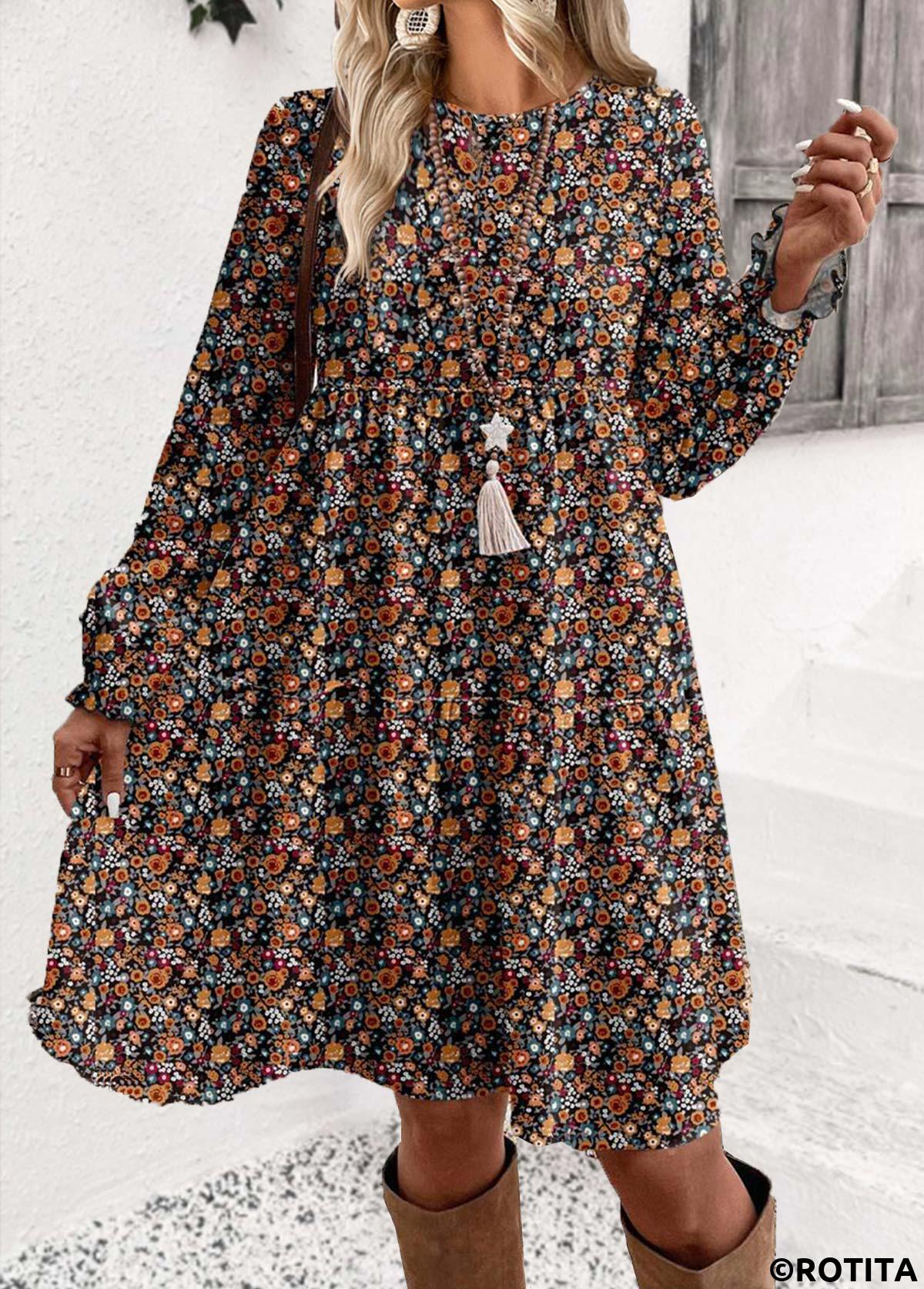 Multi Color dresses,Ditsy Floral dresses,Casual dresses,ROTITA Ditsy Floral Print Multi Color Short Round Neck Dress