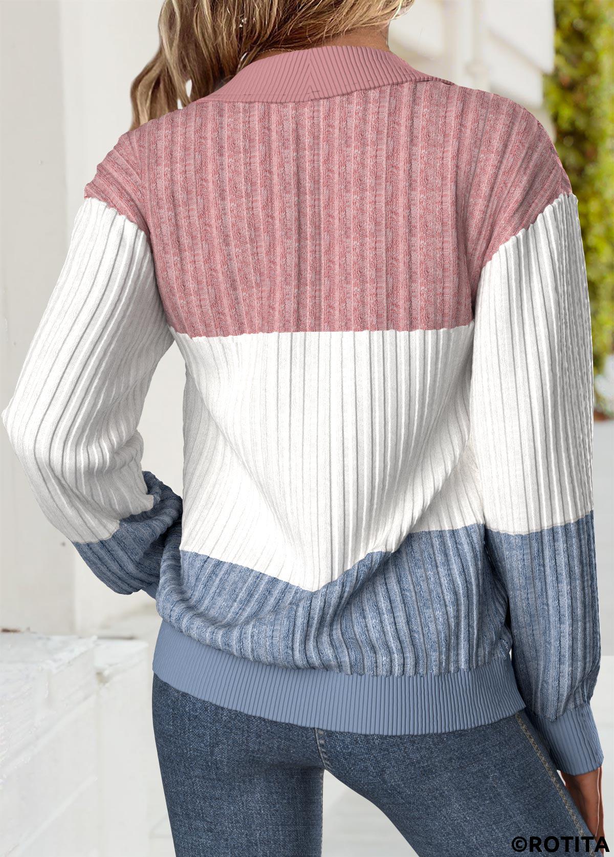 Multi Color tops,Plain Color tops,ROTITA Tummy Coverage Multi Color Turn Down Collar Sweatshirt
