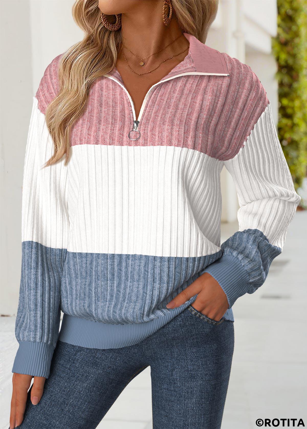 Multi Color tops,Plain Color tops,ROTITA Tummy Coverage Multi Color Turn Down Collar Sweatshirt
