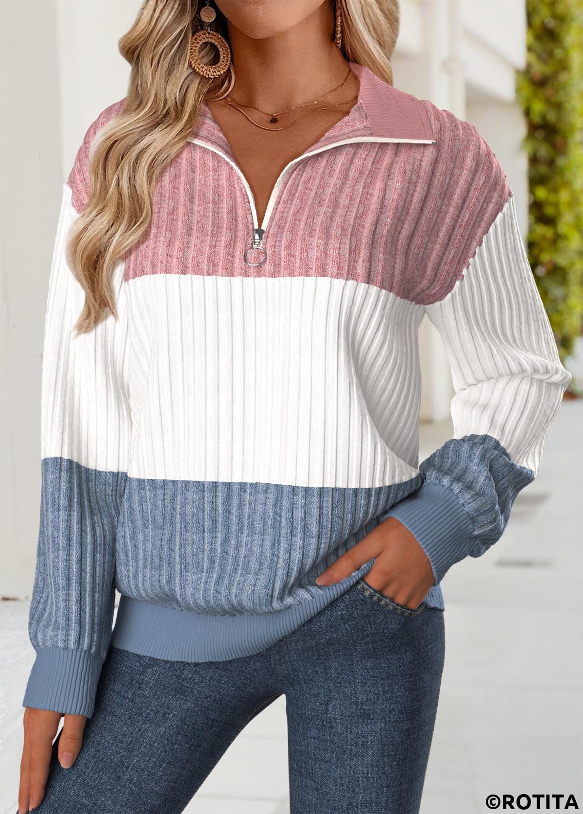 Multi Color tops,Plain Color tops,ROTITA Tummy Coverage Multi Color Turn Down Collar Sweatshirt