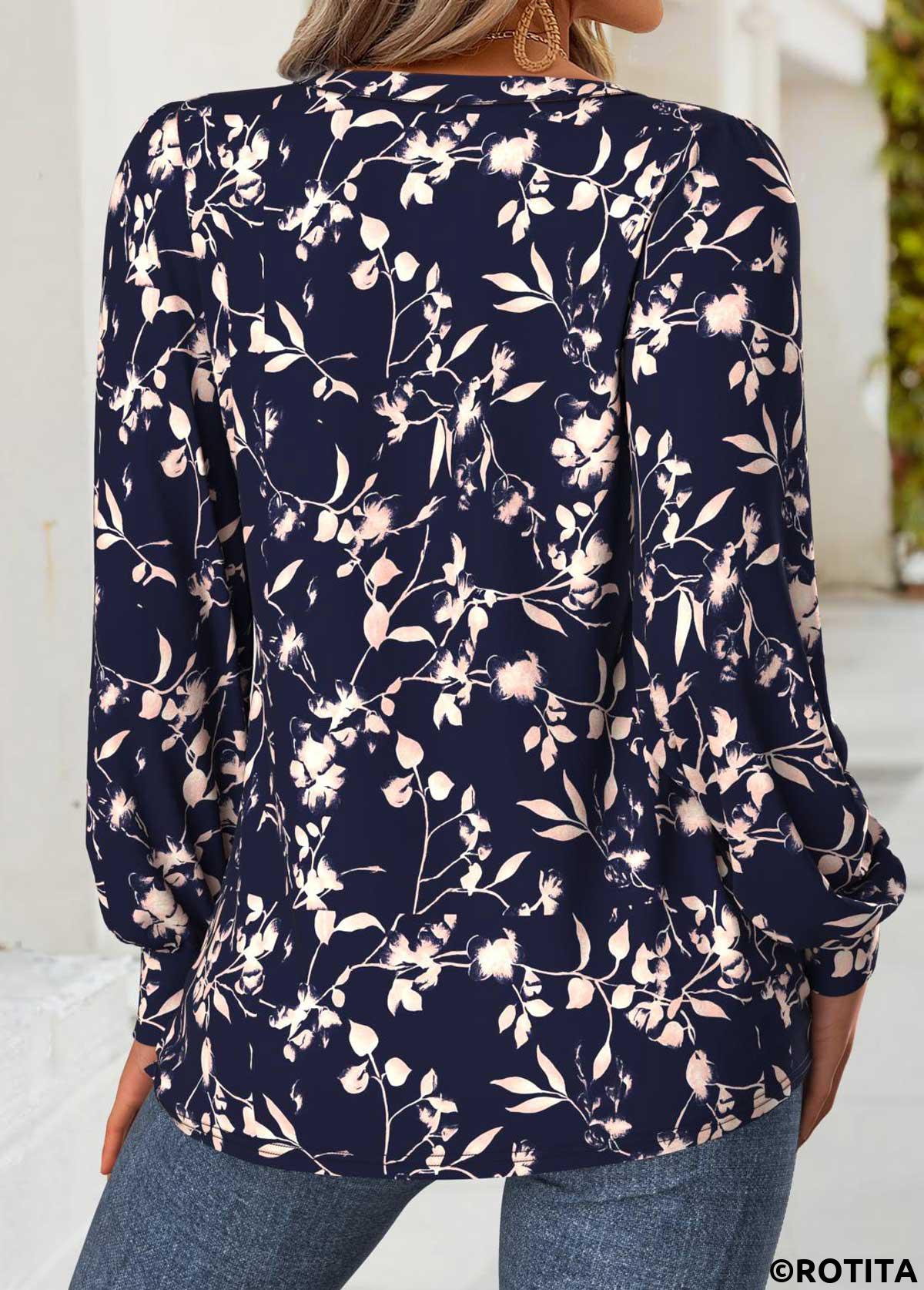 Navy tops,Floral tops,Plants tops,ROTITA Tummy Coverage Floral Print Navy V Neck T Shirt