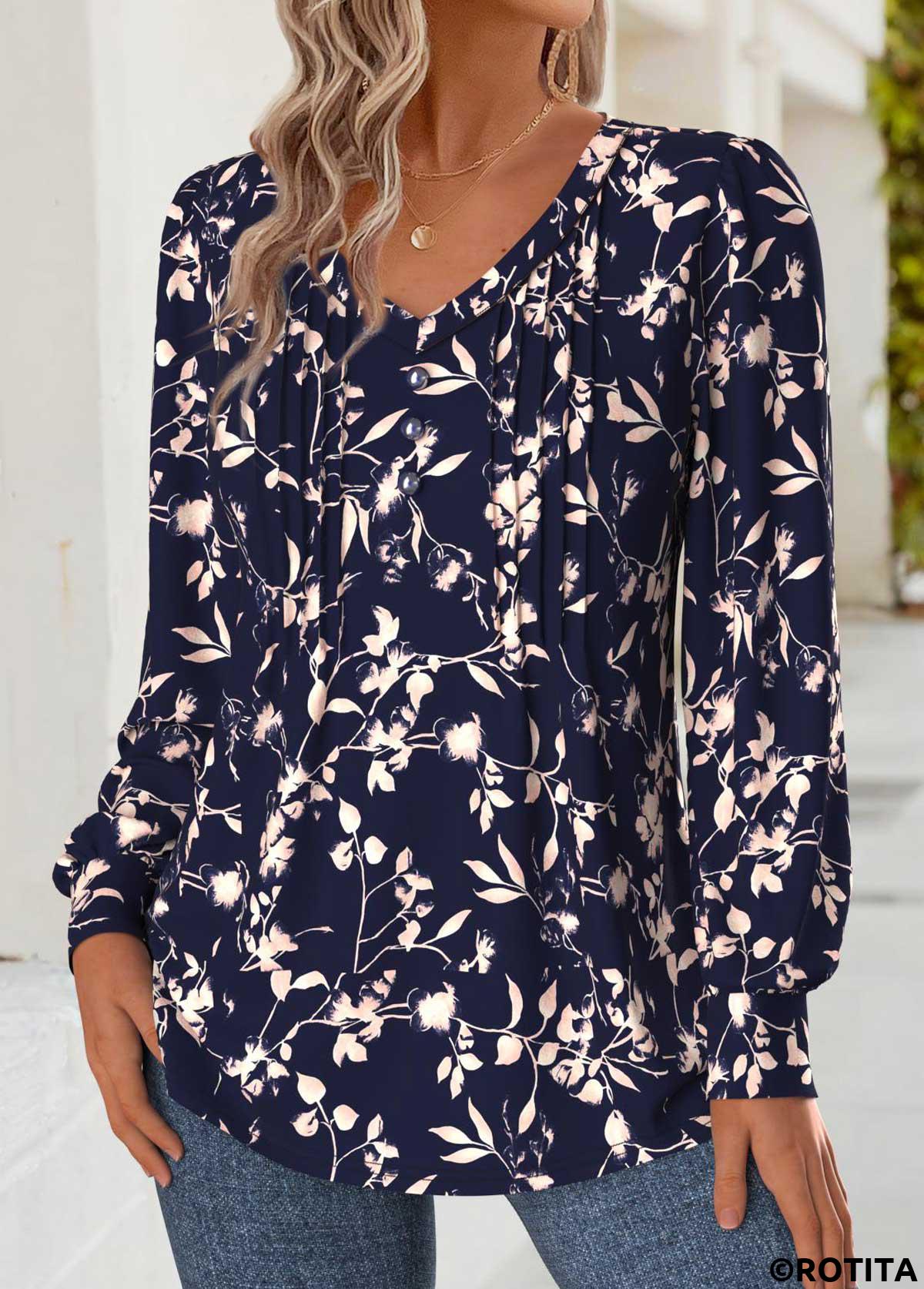 Navy tops,Floral tops,Plants tops,ROTITA Tummy Coverage Floral Print Navy V Neck T Shirt