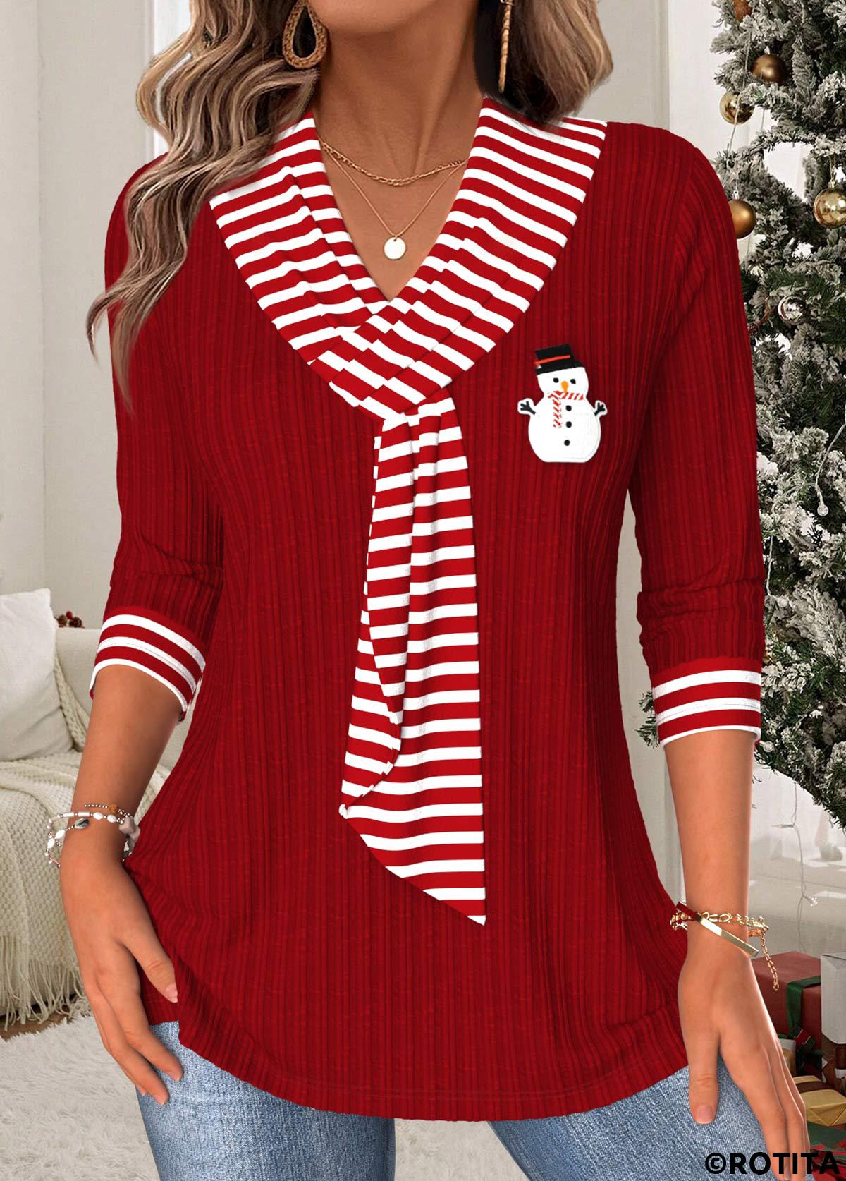 Wine Red tops,Striped tops,Geometric tops,ROTITA Christmas Tummy Coverage Striped Wine Red T Shirt