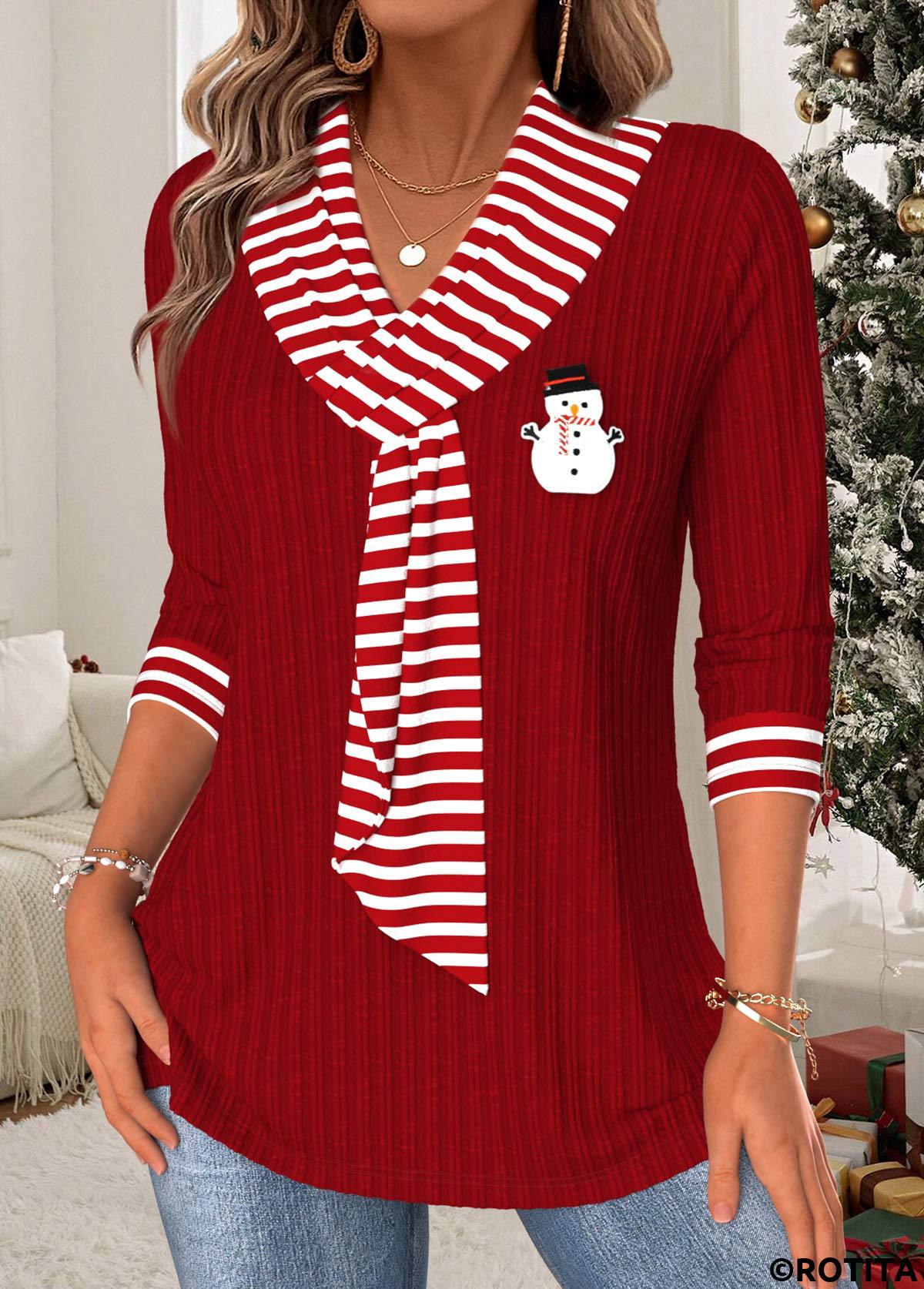 Wine Red tops,Striped tops,Geometric tops,ROTITA Christmas Tummy Coverage Striped Wine Red T Shirt