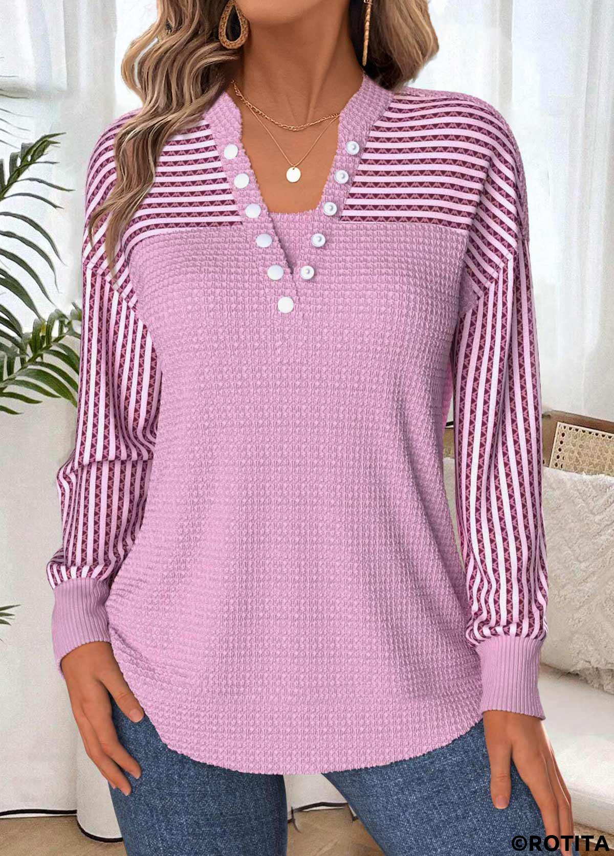 Light Pink tops,Geometric tops,ROTITA Tummy Coverage Geometric Print Light Pink Split Neck Sweatshirt
