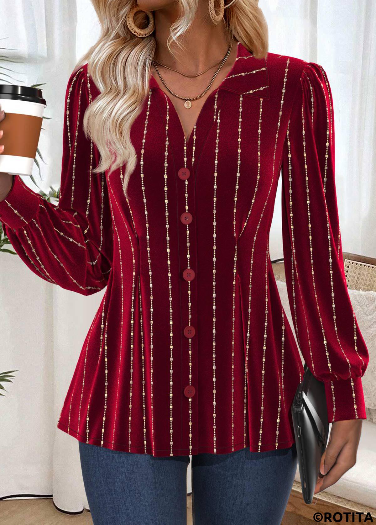 Wine Red tops,Plain Color tops,ROTITA Tummy Coverage Wine Red Turn Down Collar Shirt
