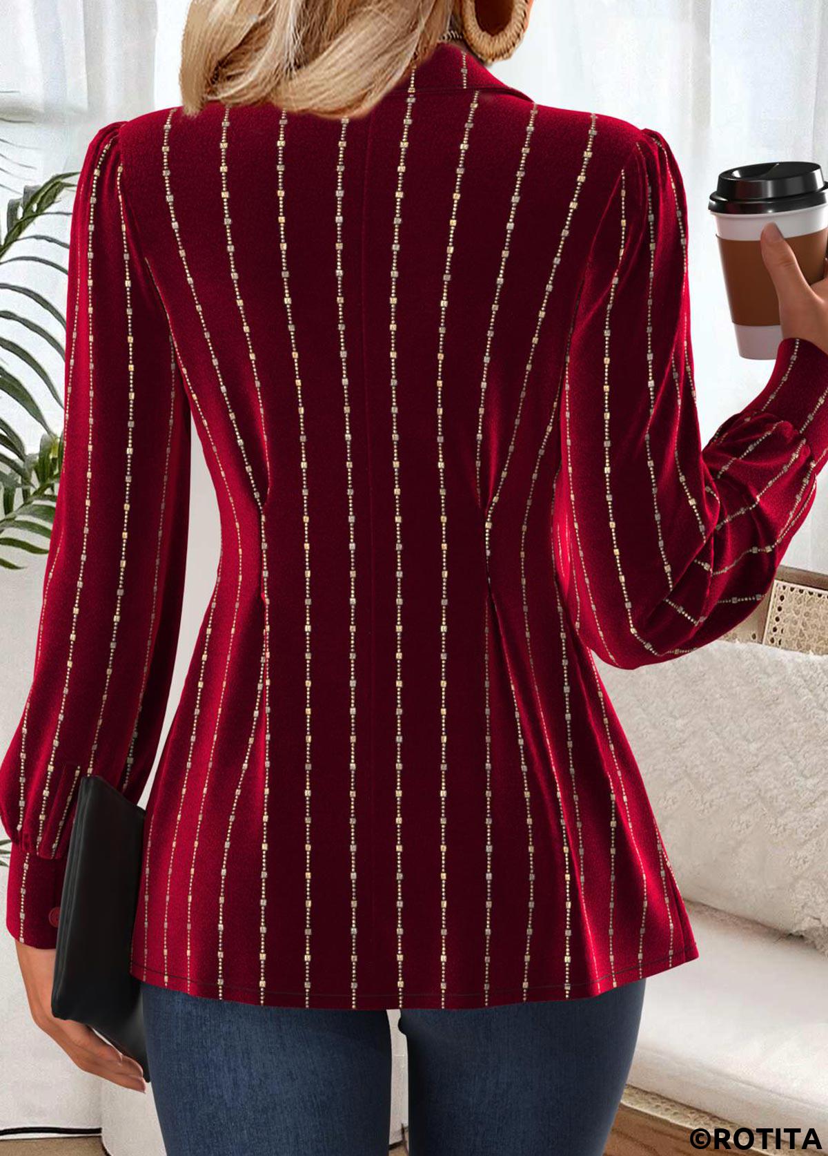 Wine Red tops,Plain Color tops,ROTITA Tummy Coverage Wine Red Turn Down Collar Shirt