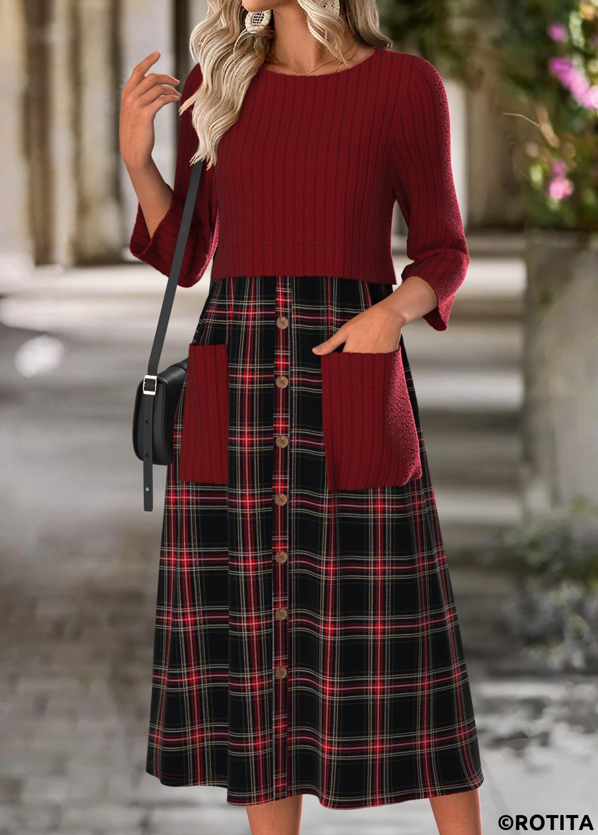 Wine Red dresses,Plaid dresses,Geometric dresses,Everyday dresses,Casual dresses,ROTITA Tummy Coverage Plaid Wine Red Round Neck Dress