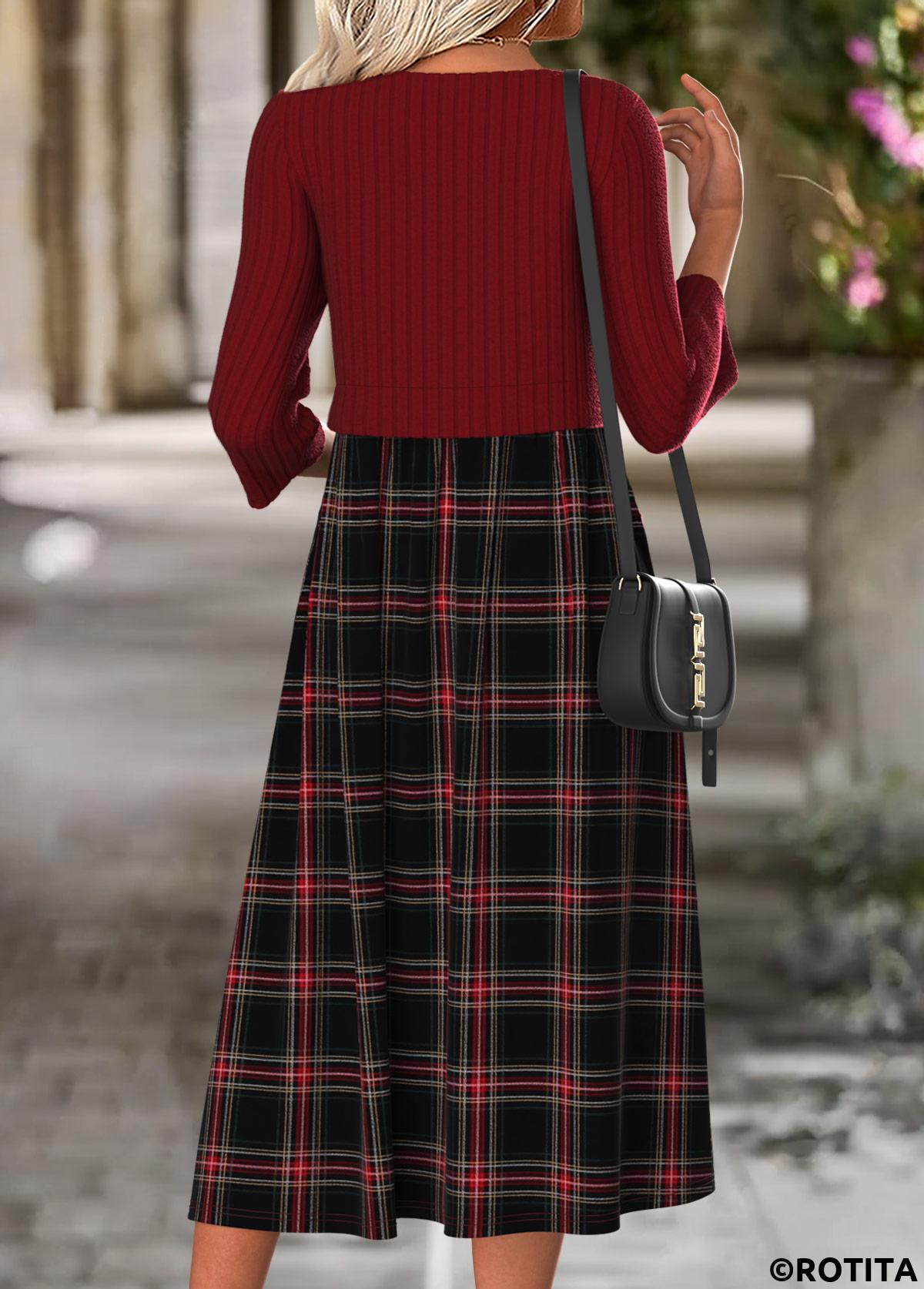 Wine Red dresses,Plaid dresses,Geometric dresses,Everyday dresses,Casual dresses,ROTITA Tummy Coverage Plaid Wine Red Round Neck Dress