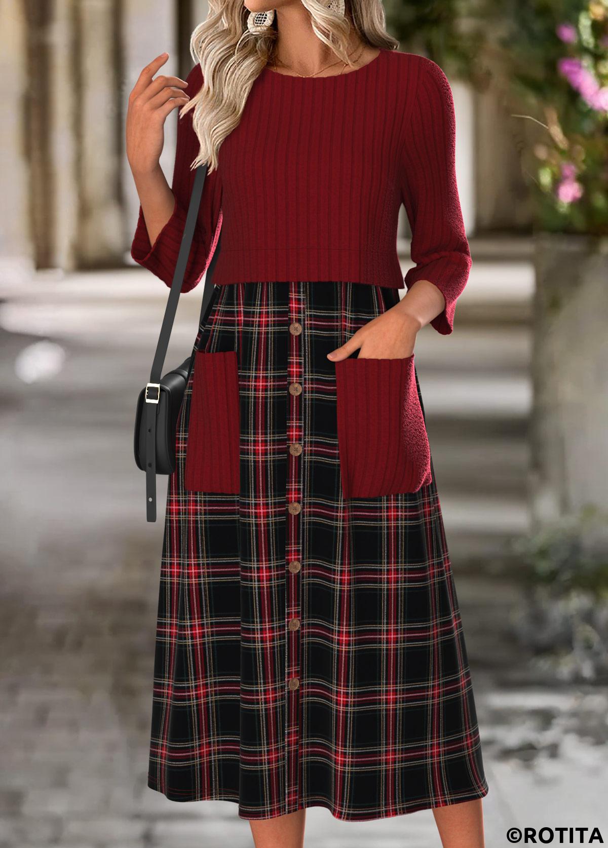 Wine Red dresses,Plaid dresses,Geometric dresses,Everyday dresses,Casual dresses,ROTITA Tummy Coverage Plaid Wine Red Round Neck Dress