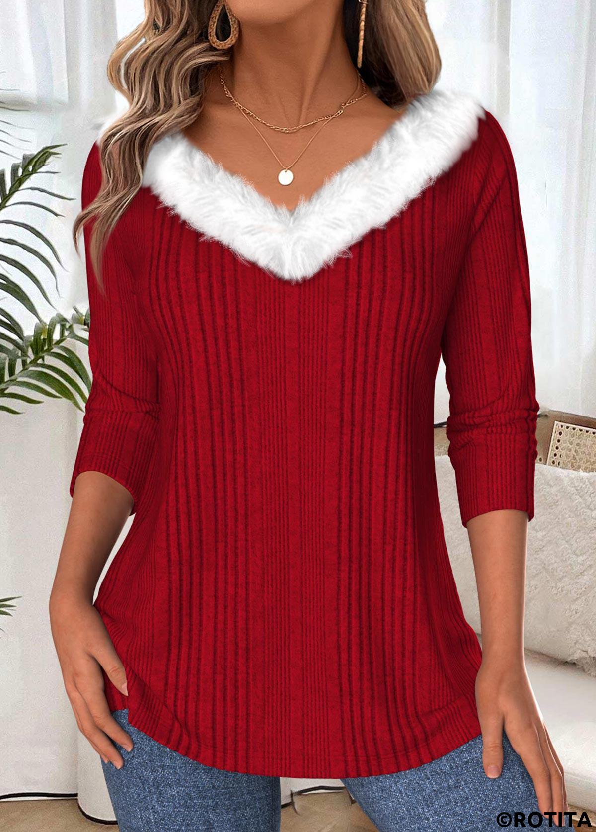 Wine Red tops,Plain Color tops,ROTITA Tummy Coverage Wine Red V Neck T Shirt