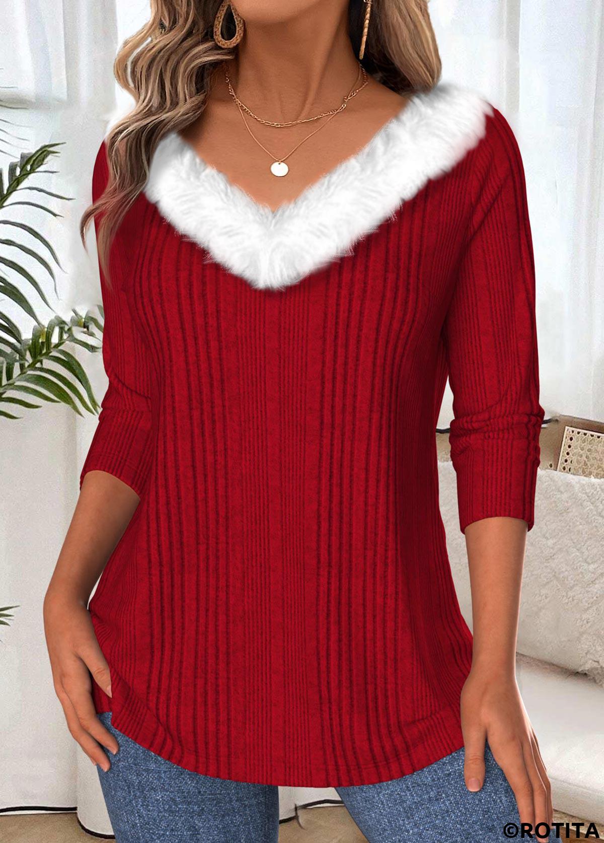 Wine Red tops,Plain Color tops,ROTITA Tummy Coverage Wine Red V Neck T Shirt