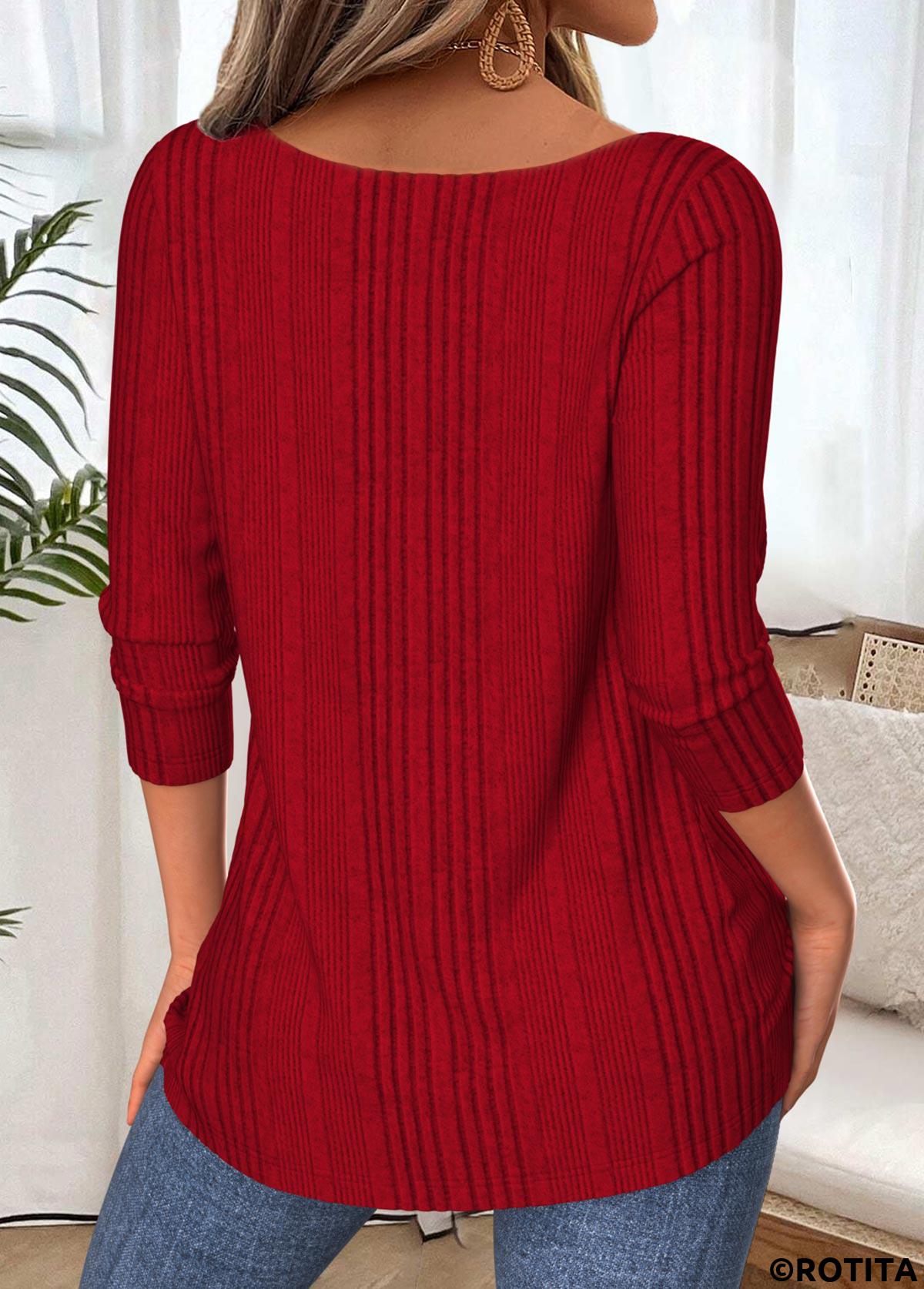 Wine Red tops,Plain Color tops,ROTITA Tummy Coverage Wine Red V Neck T Shirt