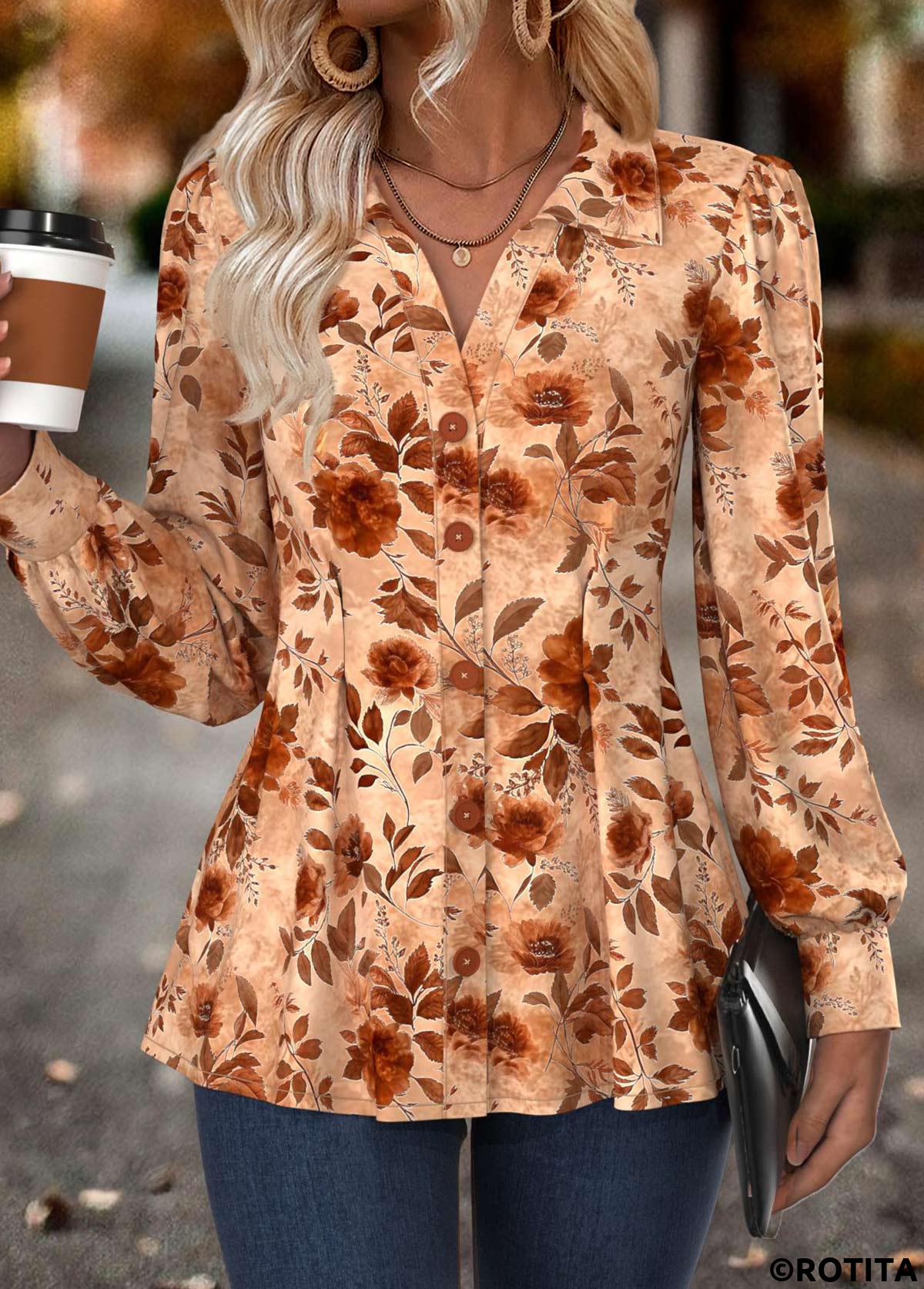 Multi Color tops,Floral tops,Plants tops,ROTITA Tummy Coverage Floral Print Multi Color Long Sleeve Shirt
