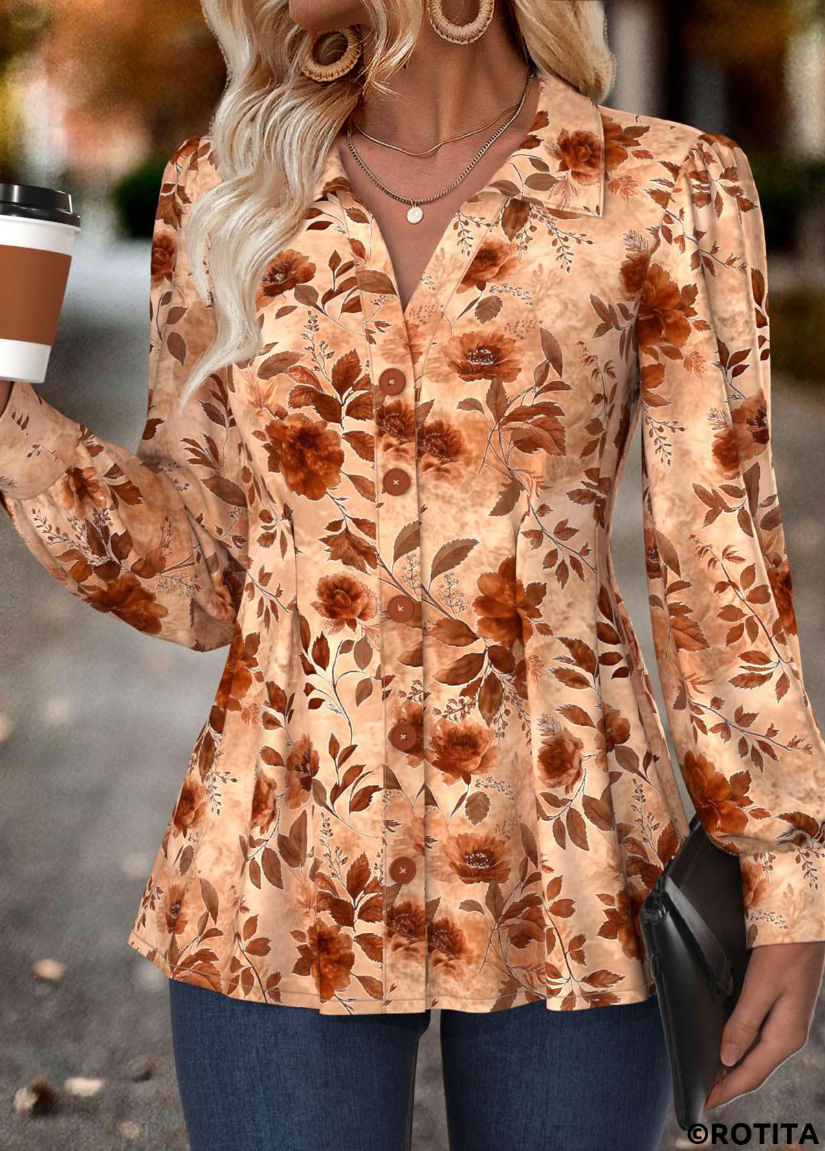 Multi Color tops,Floral tops,Plants tops,ROTITA Tummy Coverage Floral Print Multi Color Long Sleeve Shirt