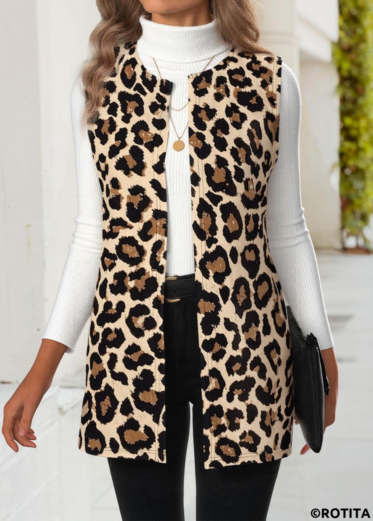 Multi Color tops,Leopard tops,Animal Print tops,ROTITA Leopard Multi Color Round Neck Sleeveless Waistcoat