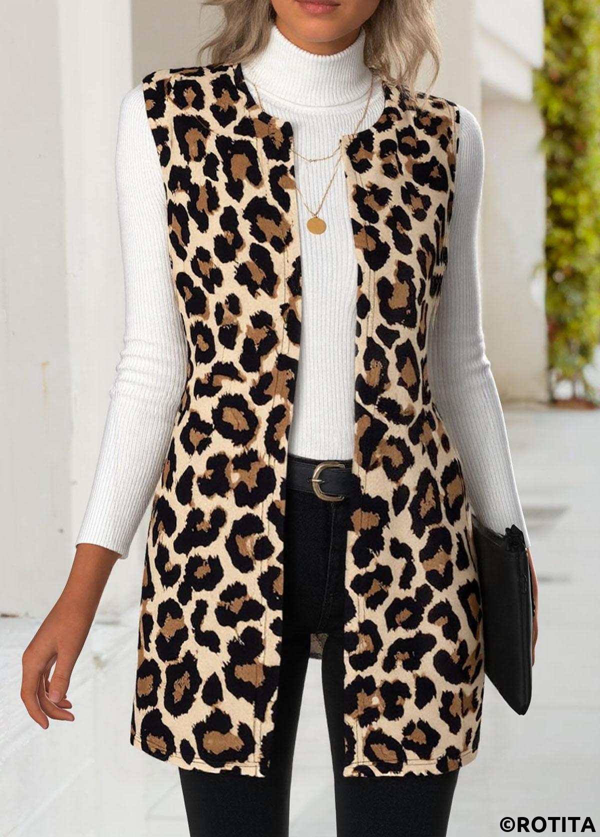 Multi Color tops,Leopard tops,Animal Print tops,ROTITA Leopard Multi Color Round Neck Sleeveless Waistcoat