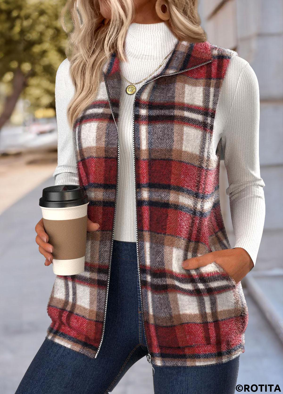 Red tops,Plaid tops,Geometric tops,ROTITA Double Side Pockets Plaid Red Stand Collar Sleeveless Waistcoat