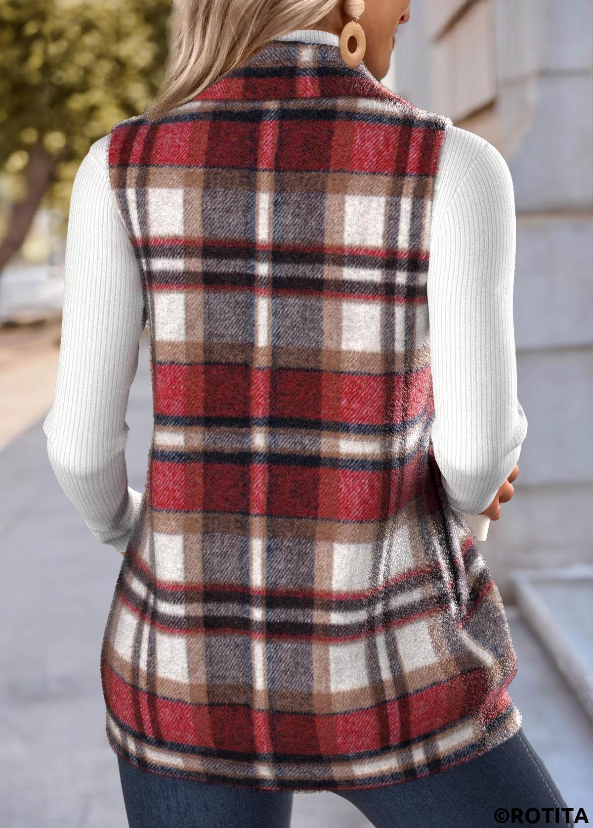 Red tops,Plaid tops,Geometric tops,ROTITA Double Side Pockets Plaid Red Stand Collar Sleeveless Waistcoat