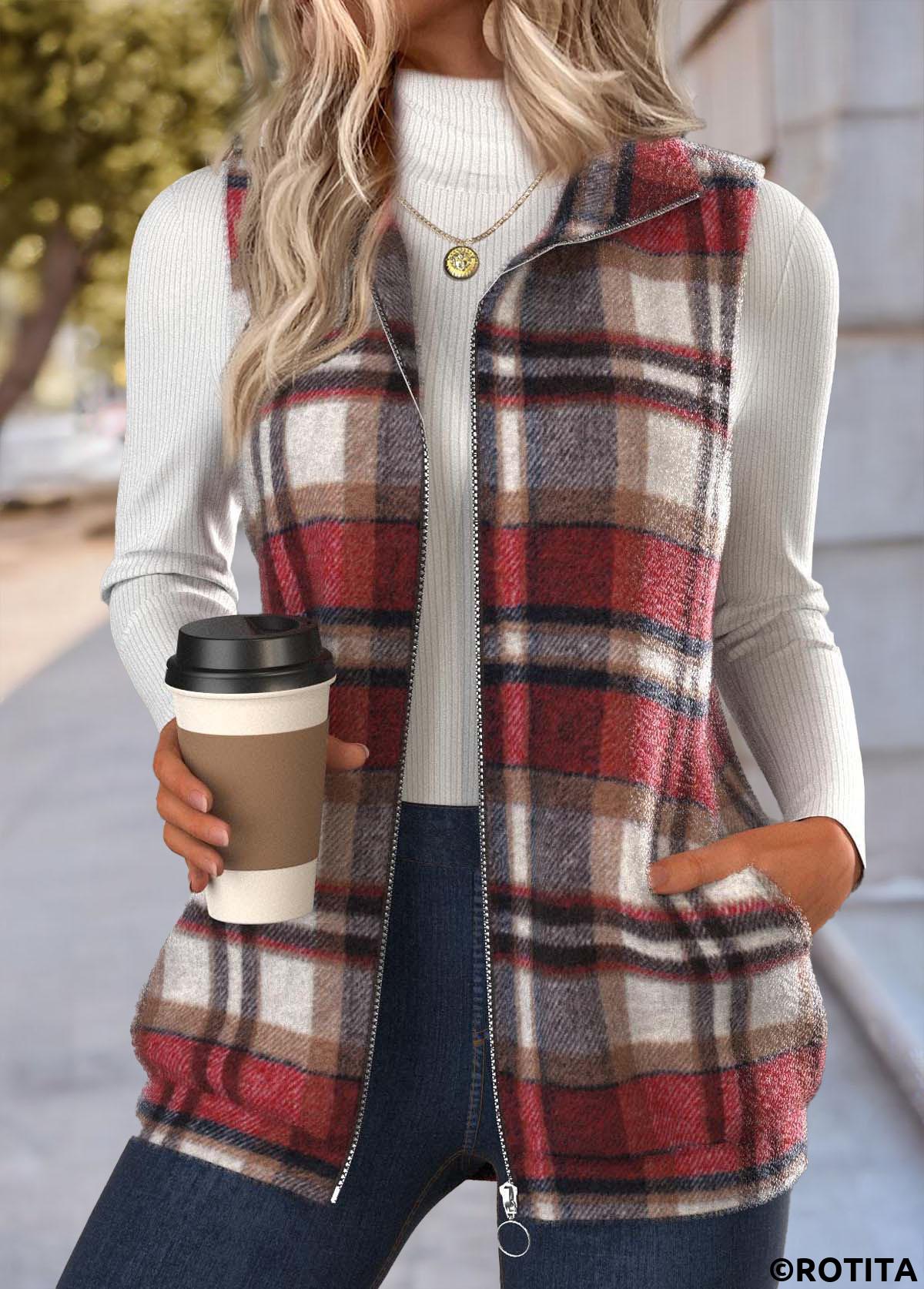 Red tops,Plaid tops,Geometric tops,ROTITA Double Side Pockets Plaid Red Stand Collar Sleeveless Waistcoat