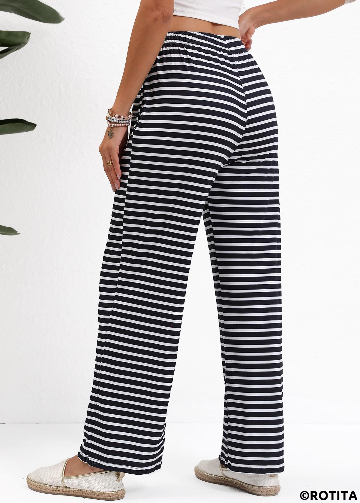 Black bottoms,Striped bottoms,Geometric bottoms,Pocket Striped Black Straight Leg Elastic Waist Pants