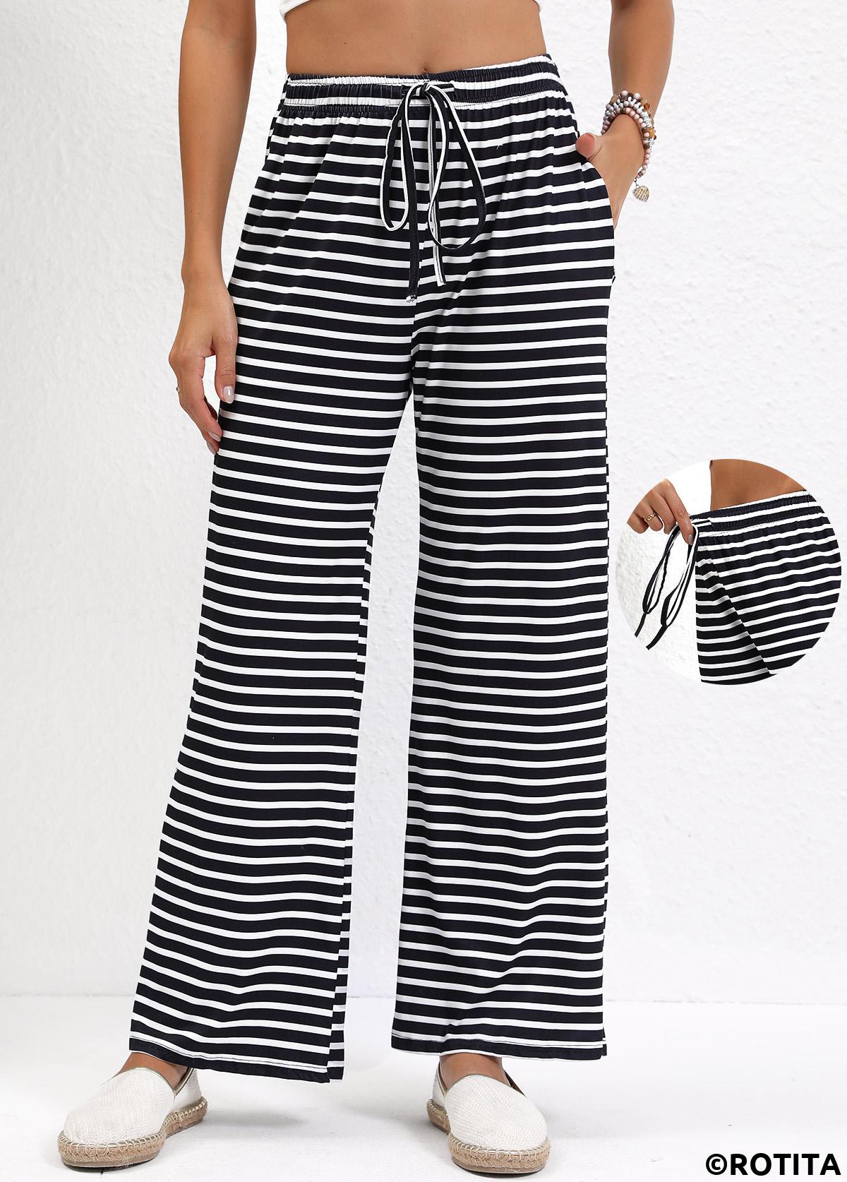 Black bottoms,Striped bottoms,Geometric bottoms,Pocket Striped Black Straight Leg Elastic Waist Pants