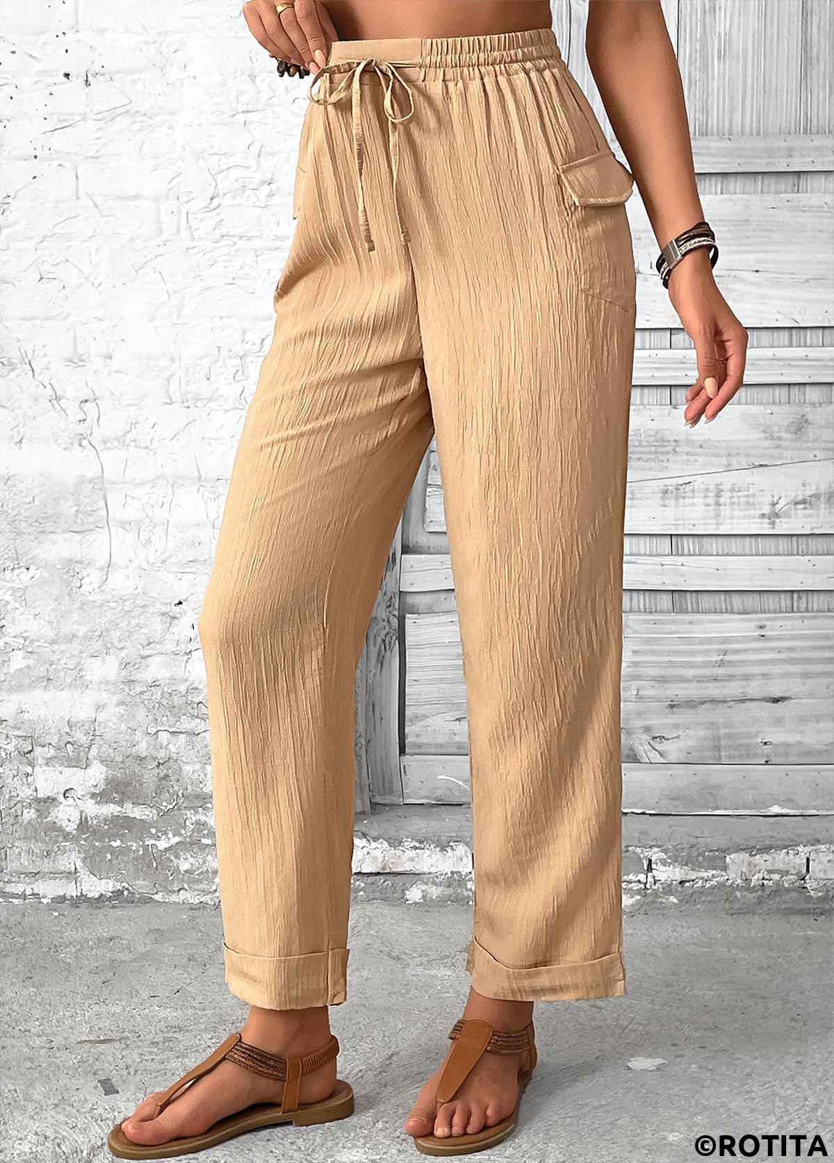 Light Camel bottoms,Plain Color bottoms,Pocket Light Camel Straight Leg Elastic Waist Pants