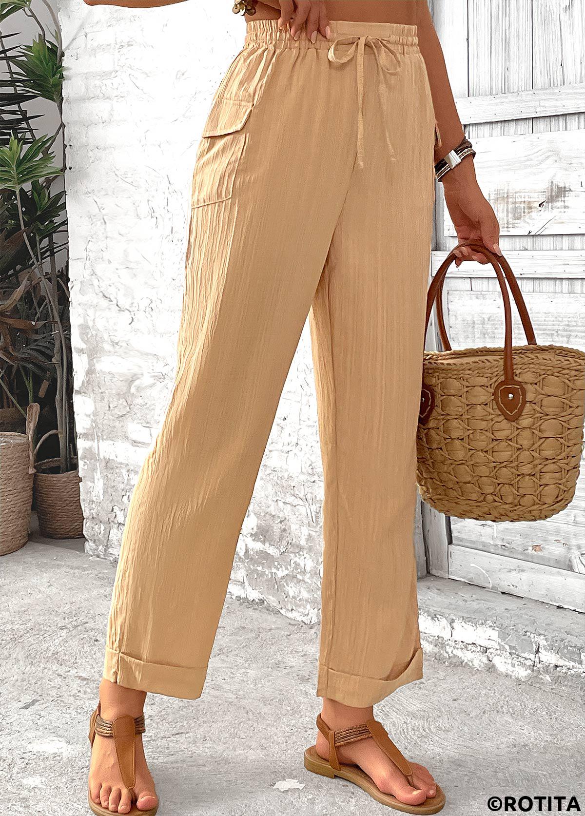 Light Camel bottoms,Plain Color bottoms,Pocket Light Camel Straight Leg Elastic Waist Pants