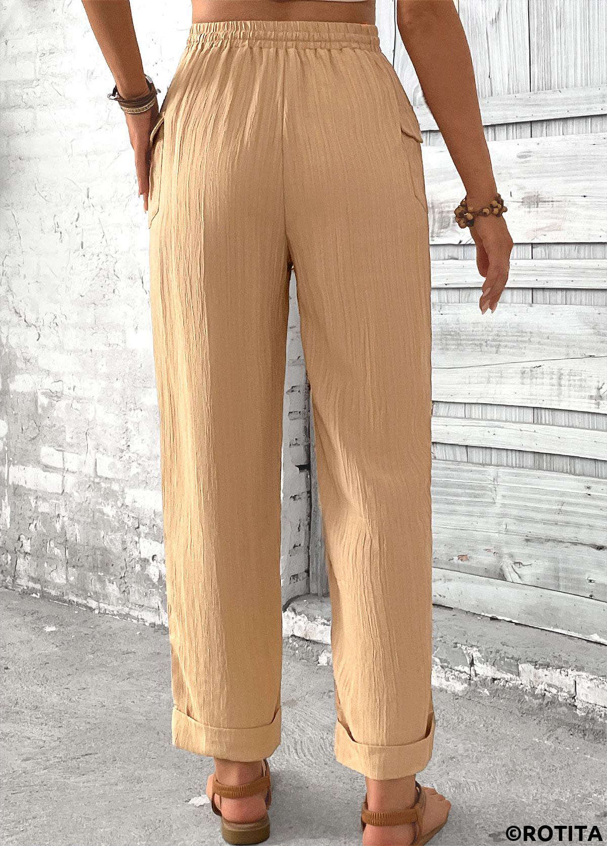 Light Camel bottoms,Plain Color bottoms,Pocket Light Camel Straight Leg Elastic Waist Pants