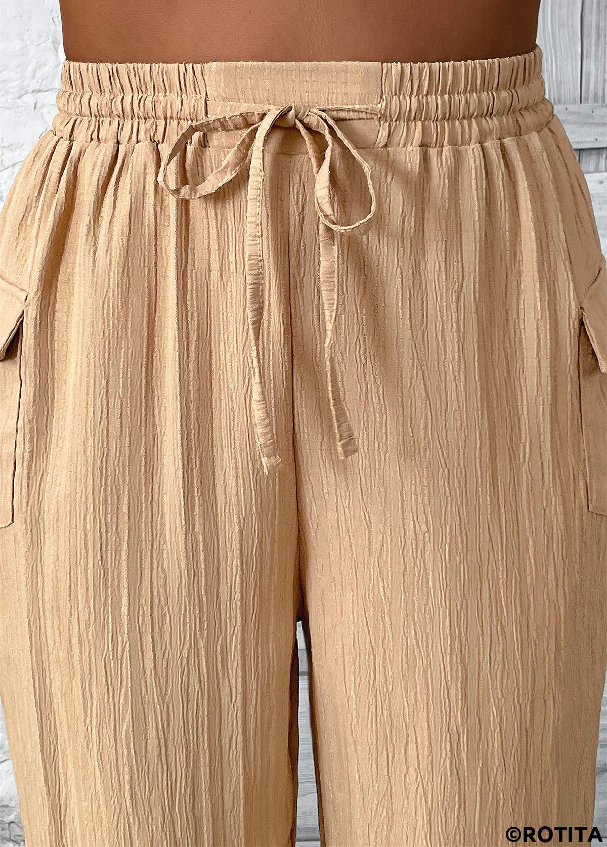 Light Camel bottoms,Plain Color bottoms,Pocket Light Camel Straight Leg Elastic Waist Pants