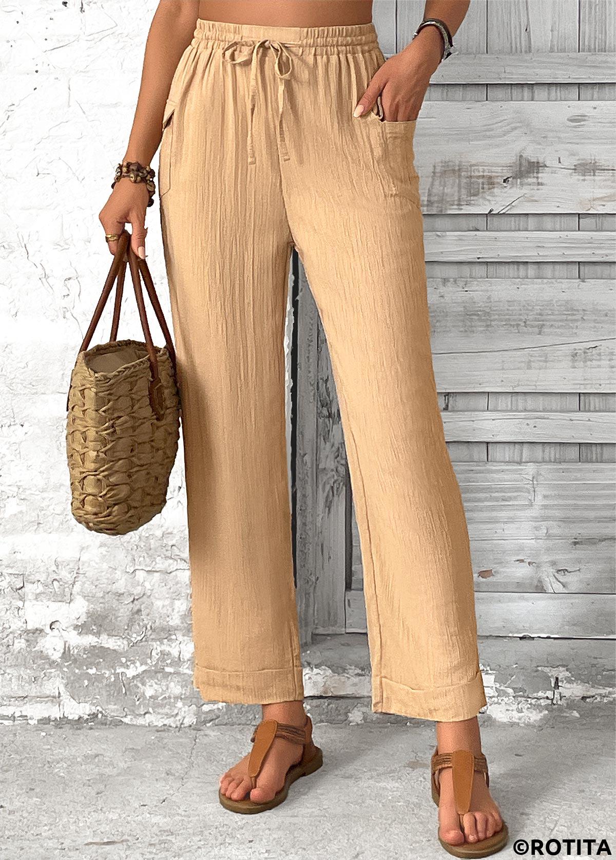 Light Camel bottoms,Plain Color bottoms,Pocket Light Camel Straight Leg Elastic Waist Pants