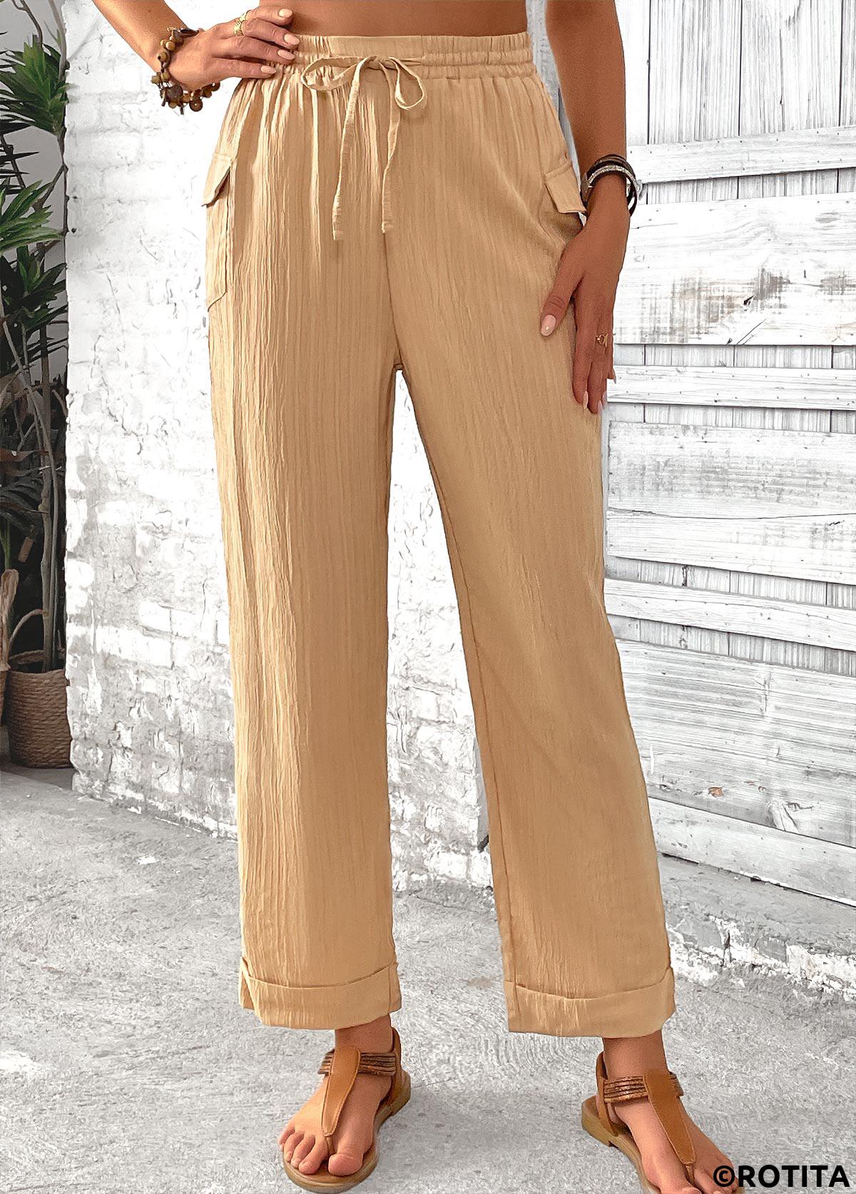 Light Camel bottoms,Plain Color bottoms,Pocket Light Camel Straight Leg Elastic Waist Pants