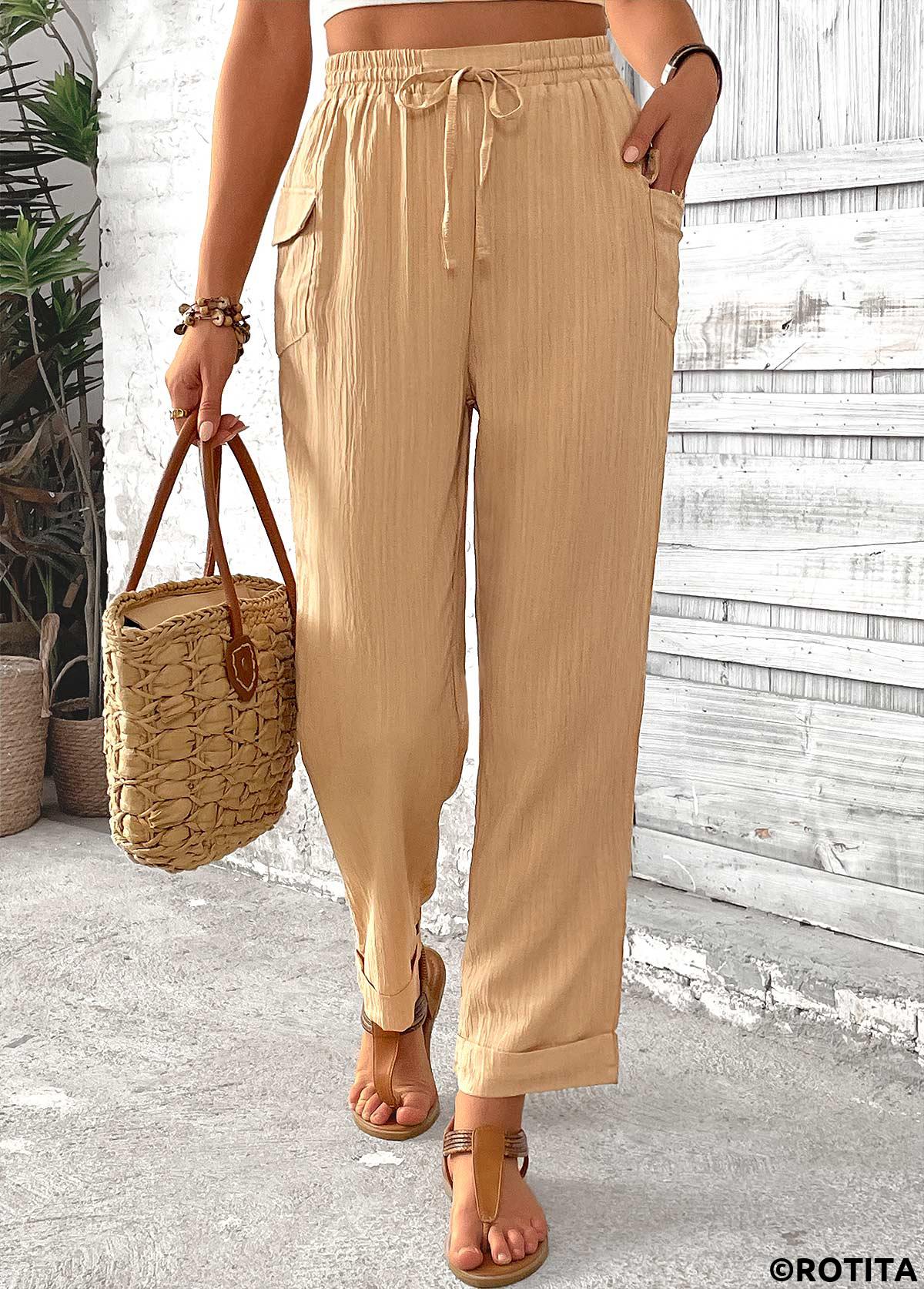 Light Camel bottoms,Plain Color bottoms,Pocket Light Camel Straight Leg Elastic Waist Pants