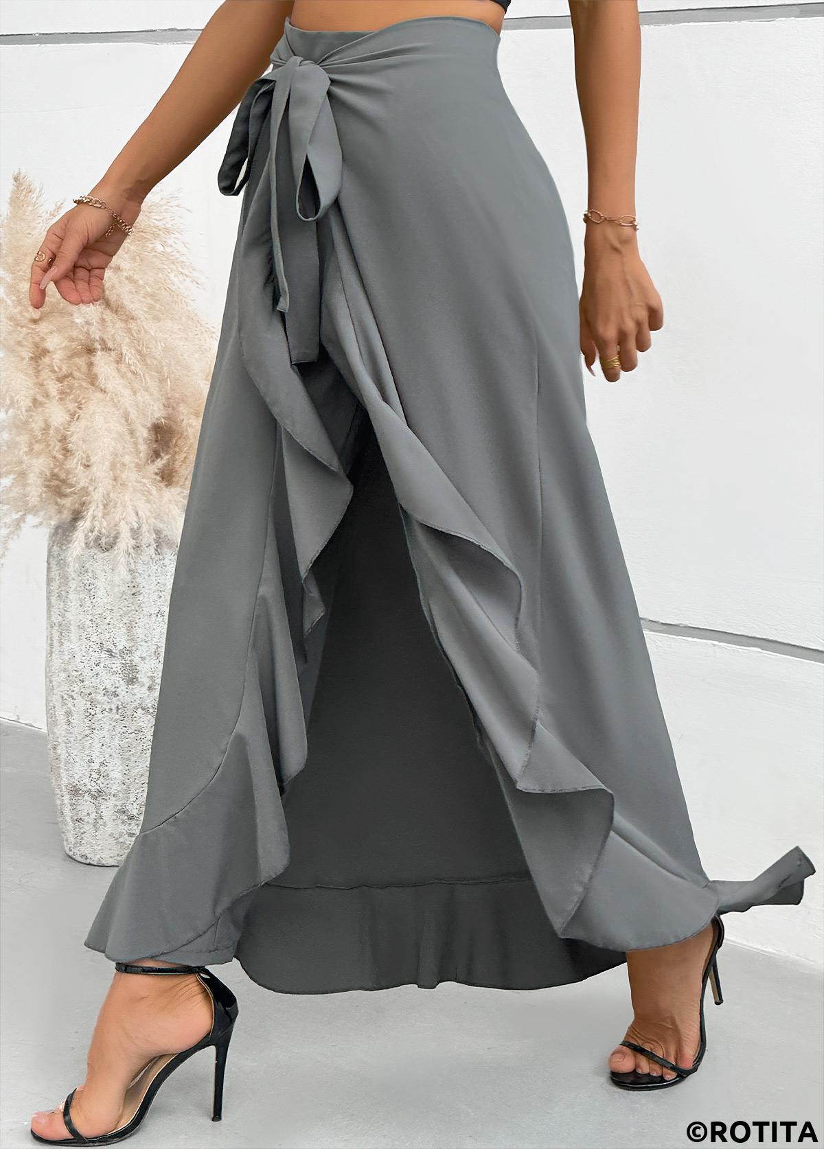 Grey bottoms,Plain Color bottoms,Grey Wide Leg Elastic Waist Mid Waisted Pants