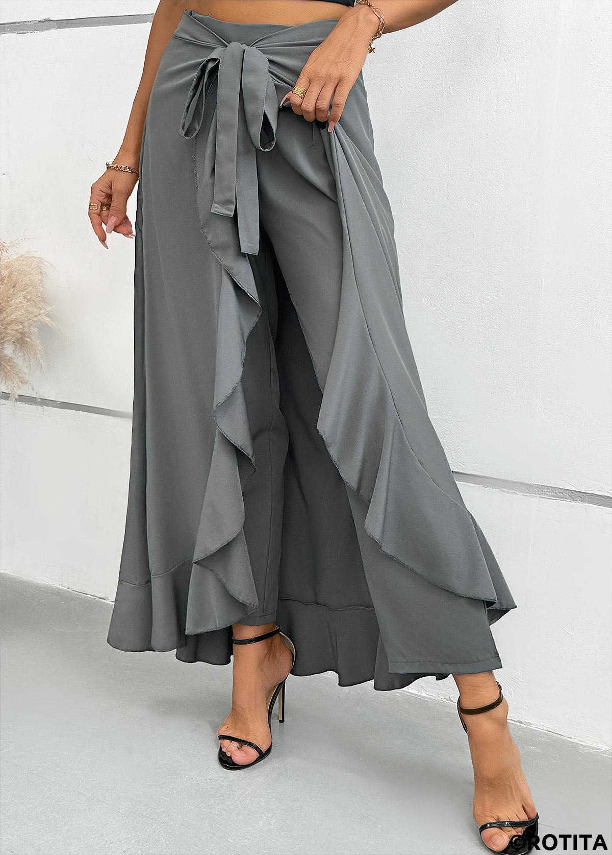 Grey bottoms,Plain Color bottoms,Grey Wide Leg Elastic Waist Mid Waisted Pants