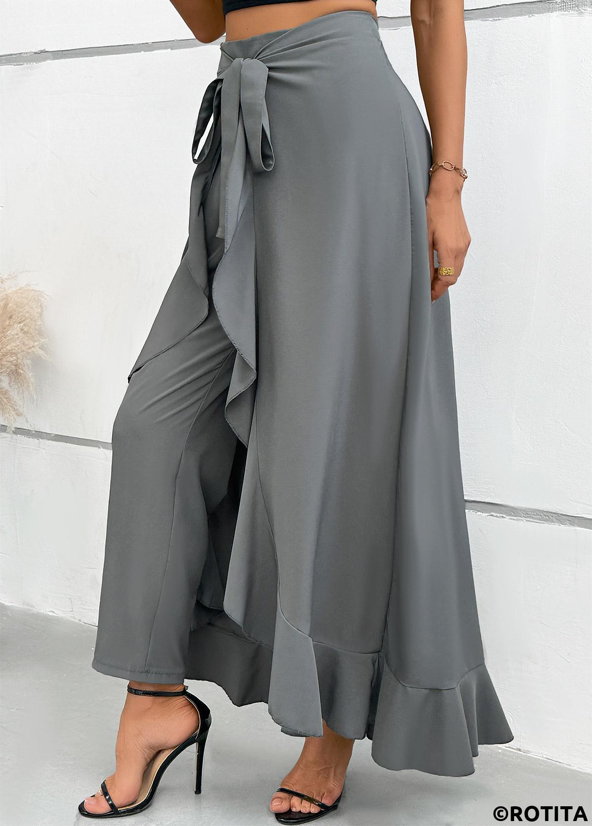 Grey bottoms,Plain Color bottoms,Grey Wide Leg Elastic Waist Mid Waisted Pants
