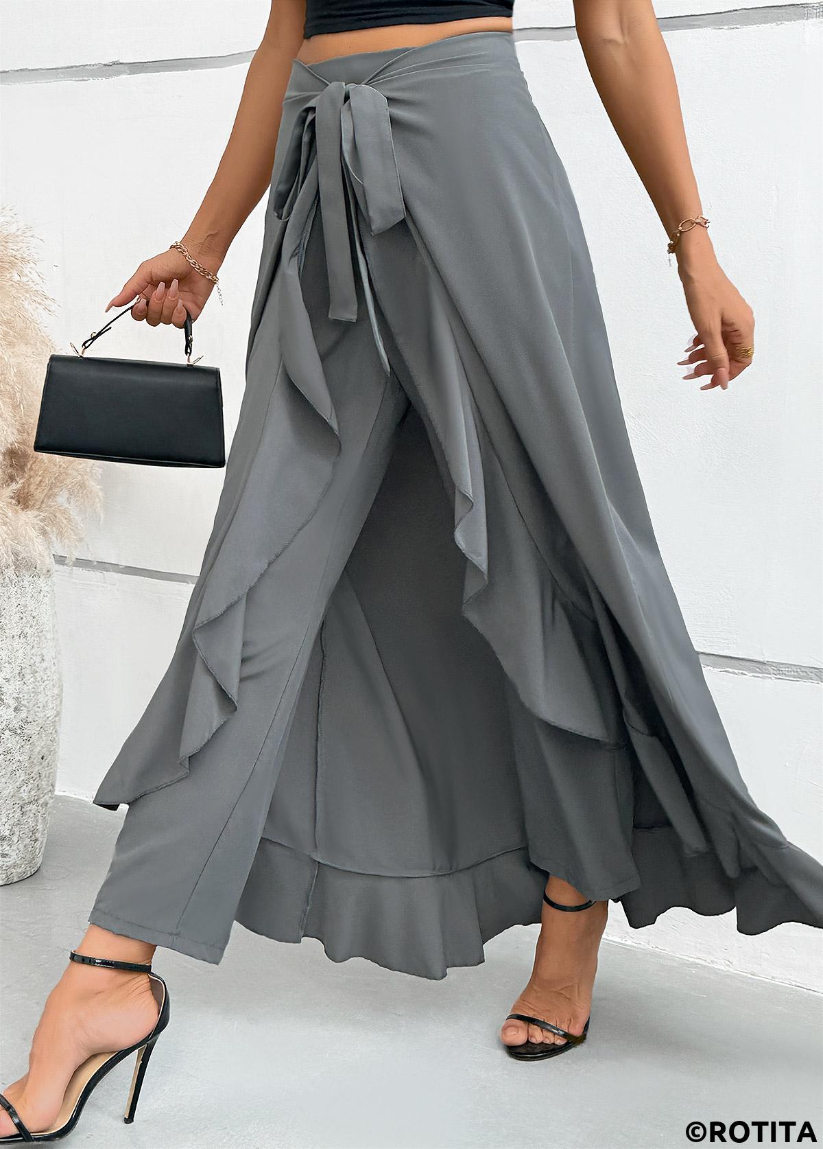 Grey bottoms,Plain Color bottoms,Grey Wide Leg Elastic Waist Mid Waisted Pants