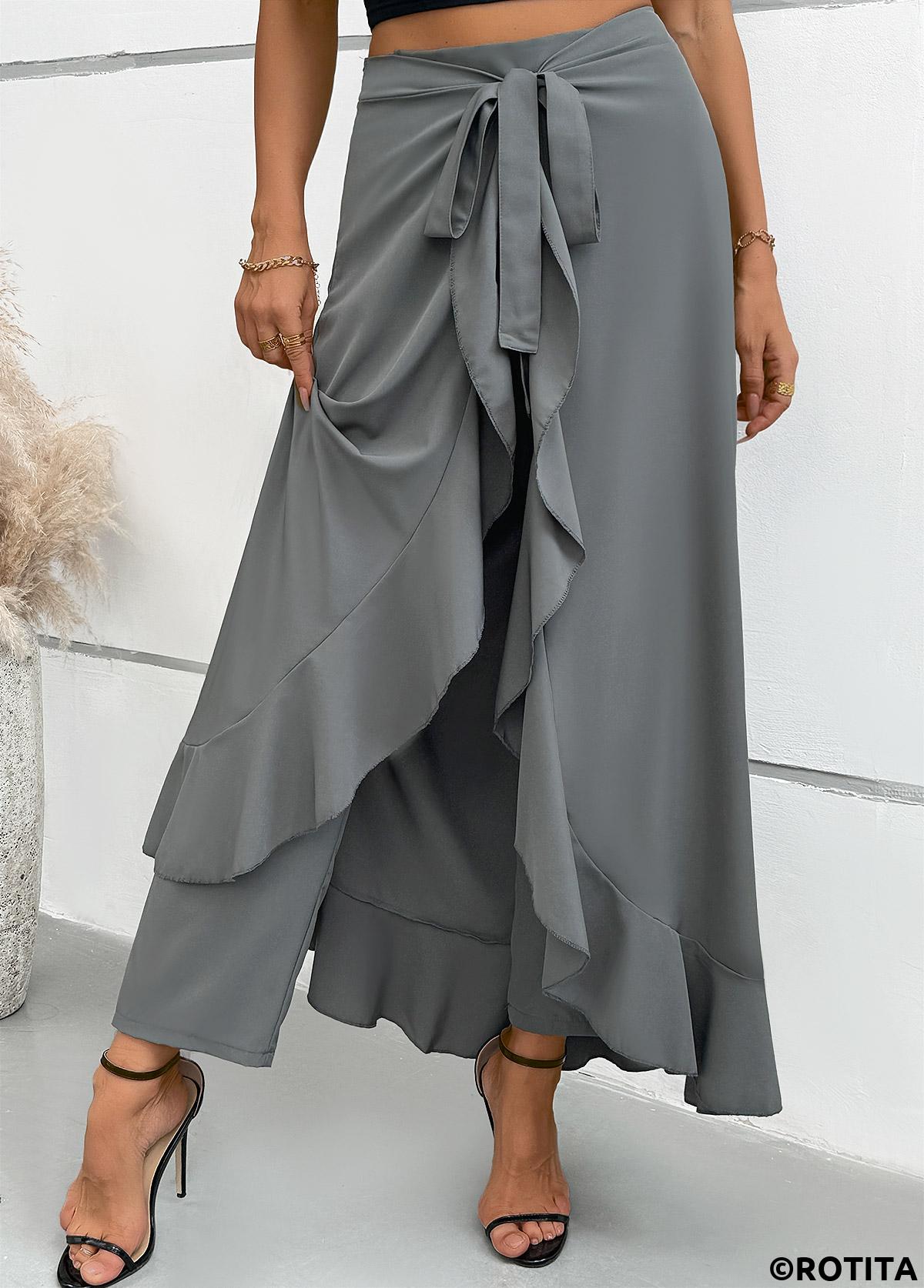Grey bottoms,Plain Color bottoms,Grey Wide Leg Elastic Waist Mid Waisted Pants