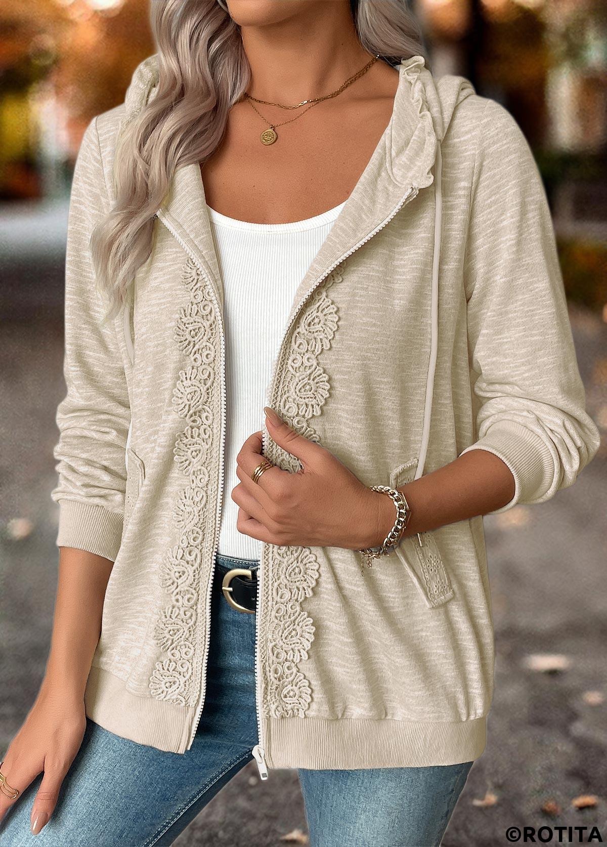 Light Camel tops,Plain Color tops,ROTITA Double Side Pockets Light Grey Long Sleeve Hoodie