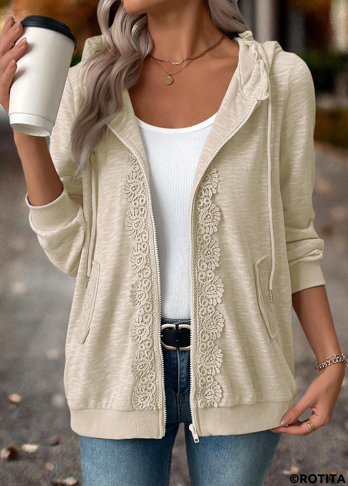 Light Camel tops,Plain Color tops,ROTITA Double Side Pockets Light Grey Long Sleeve Hoodie