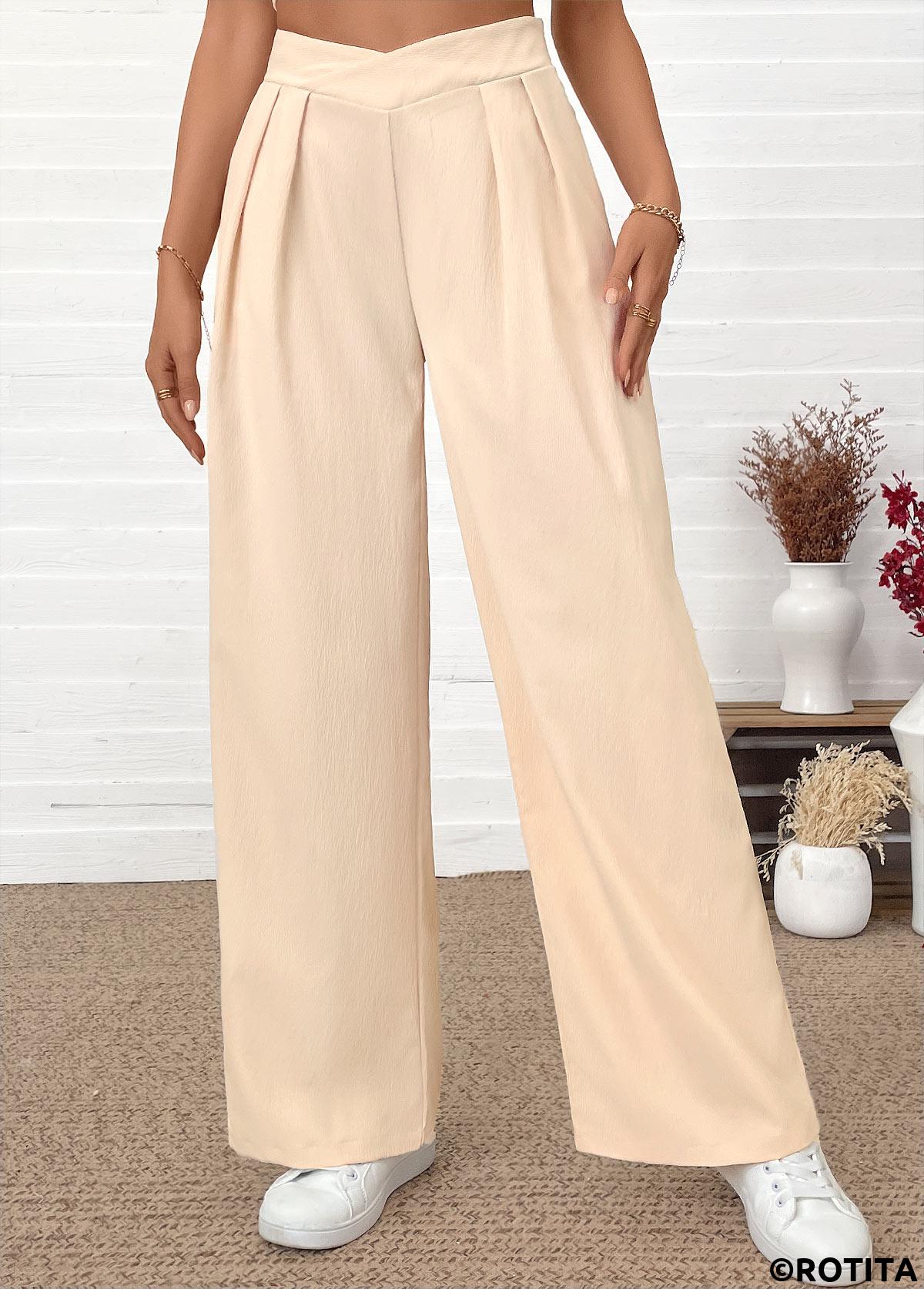 Beige bottoms,Plain Color bottoms,Pocket Beige Wide Leg Elastic Waist High Waisted Pants