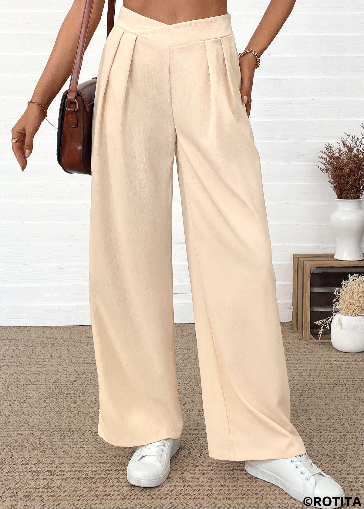 Beige bottoms,Plain Color bottoms,Pocket Beige Wide Leg Elastic Waist High Waisted Pants