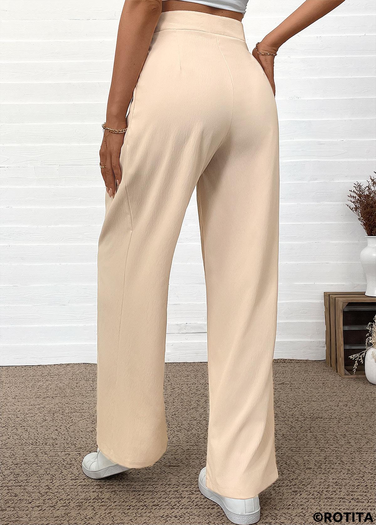 Beige bottoms,Plain Color bottoms,Pocket Beige Wide Leg Elastic Waist High Waisted Pants