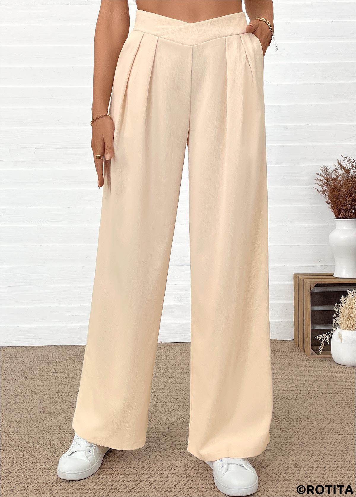 Beige bottoms,Plain Color bottoms,Pocket Beige Wide Leg Elastic Waist High Waisted Pants