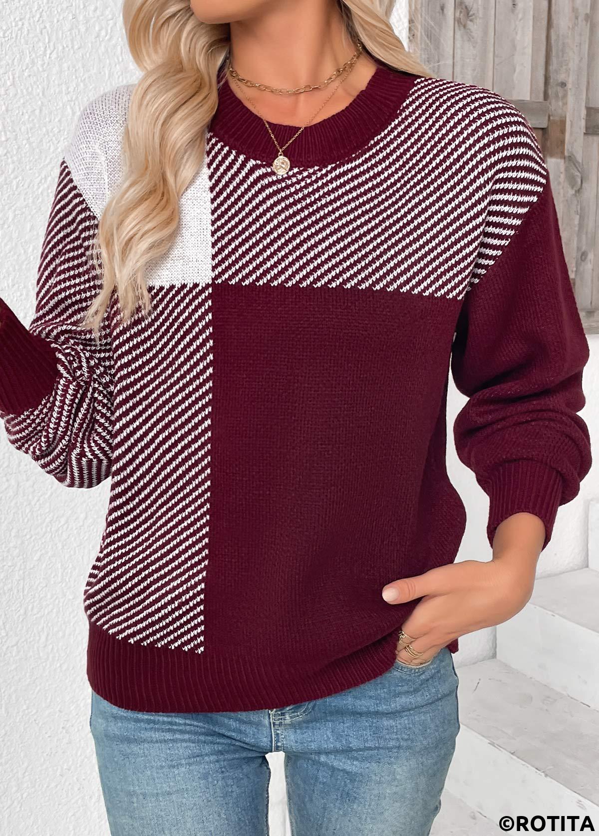 Deep Red tops,Striped tops,Geometric tops,Tummy Coverage Striped Deep Red Round Neck Sweater