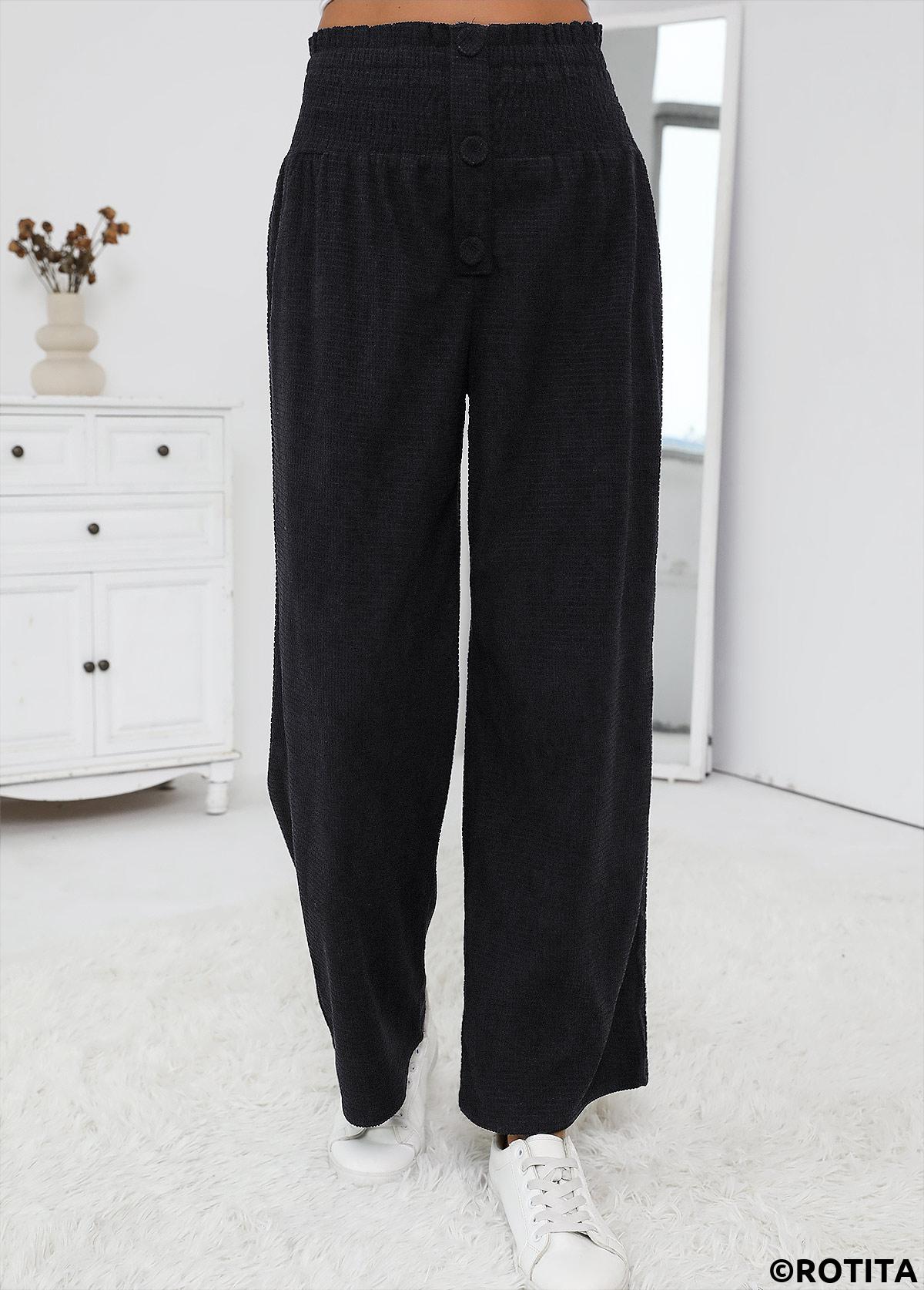 Black bottoms,Plain Color bottoms,Black Wide Leg Elastic Waist High Waisted Pants