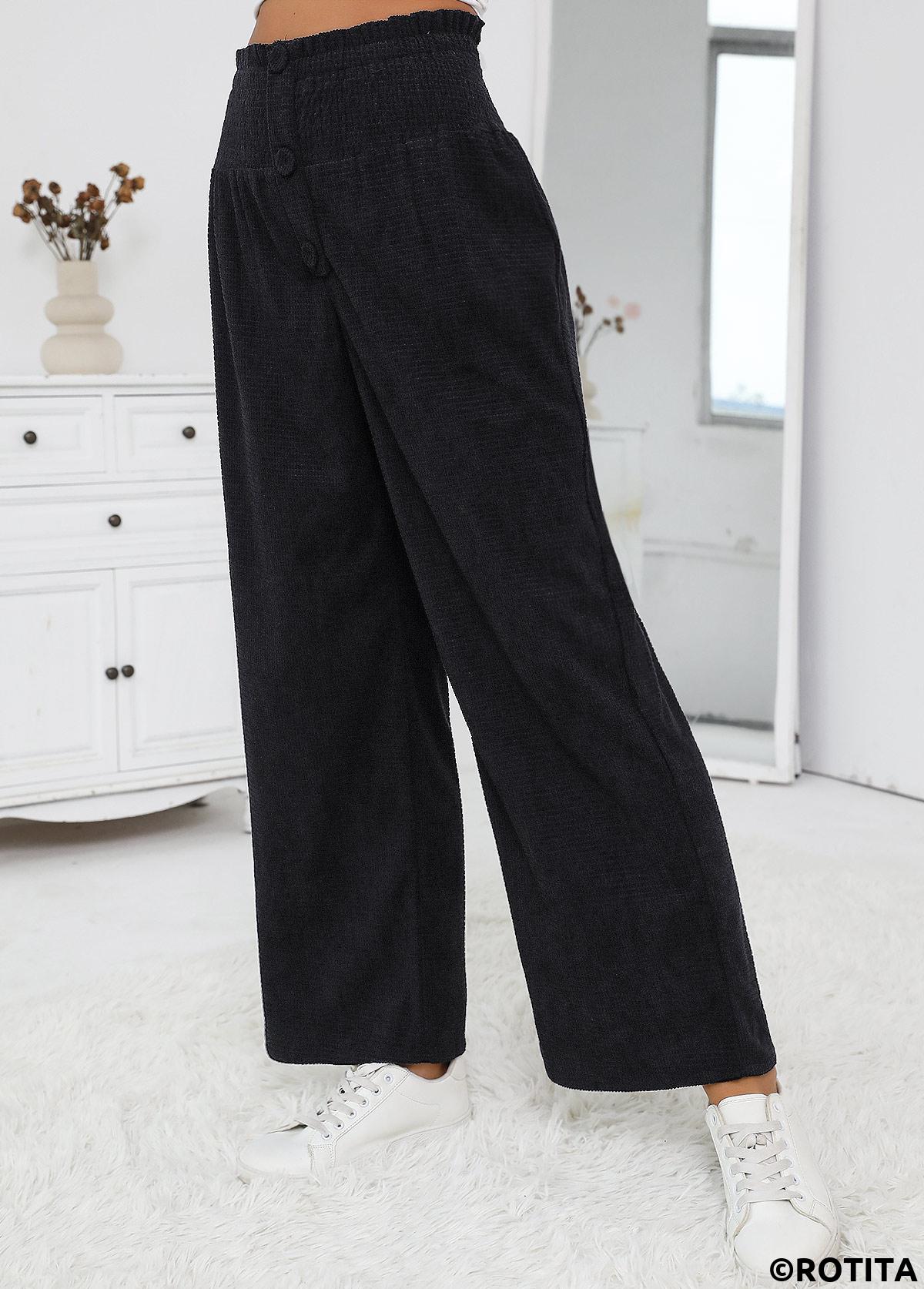 Black bottoms,Plain Color bottoms,Black Wide Leg Elastic Waist High Waisted Pants