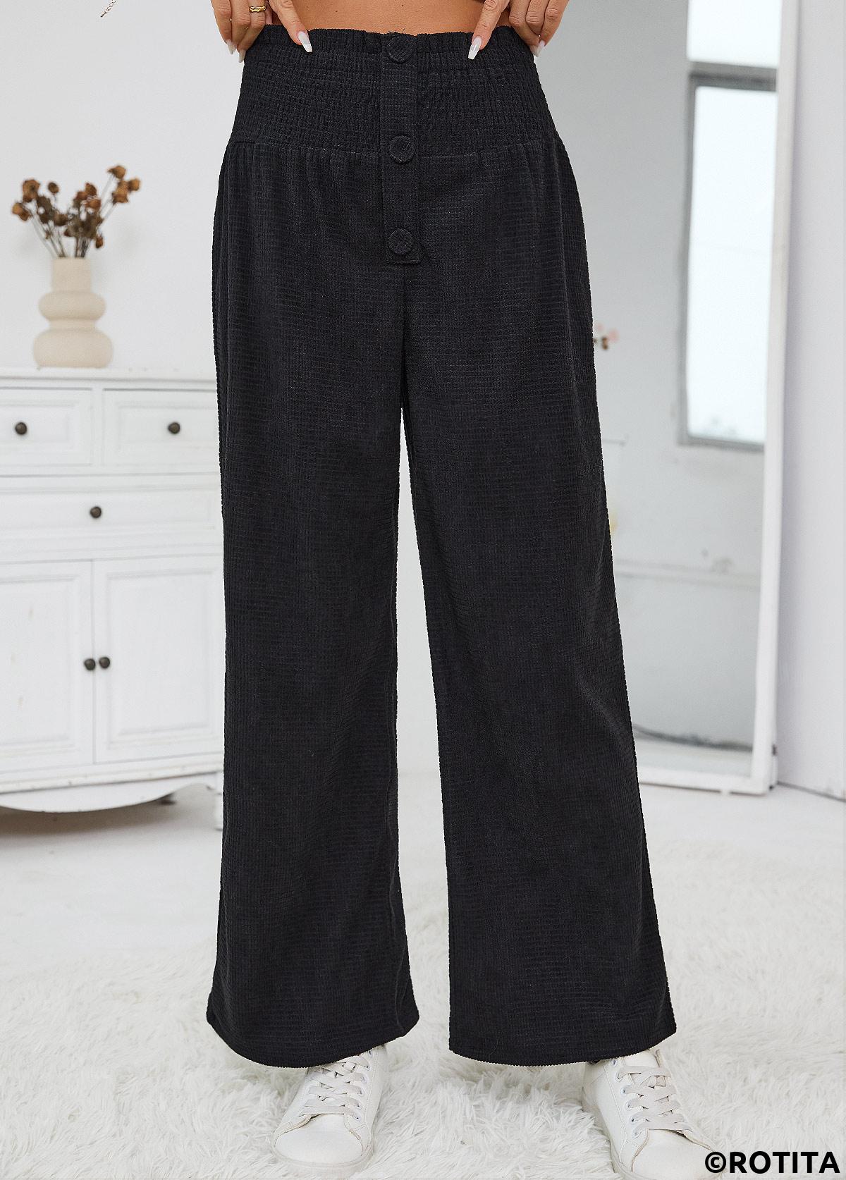 Black bottoms,Plain Color bottoms,Black Wide Leg Elastic Waist High Waisted Pants